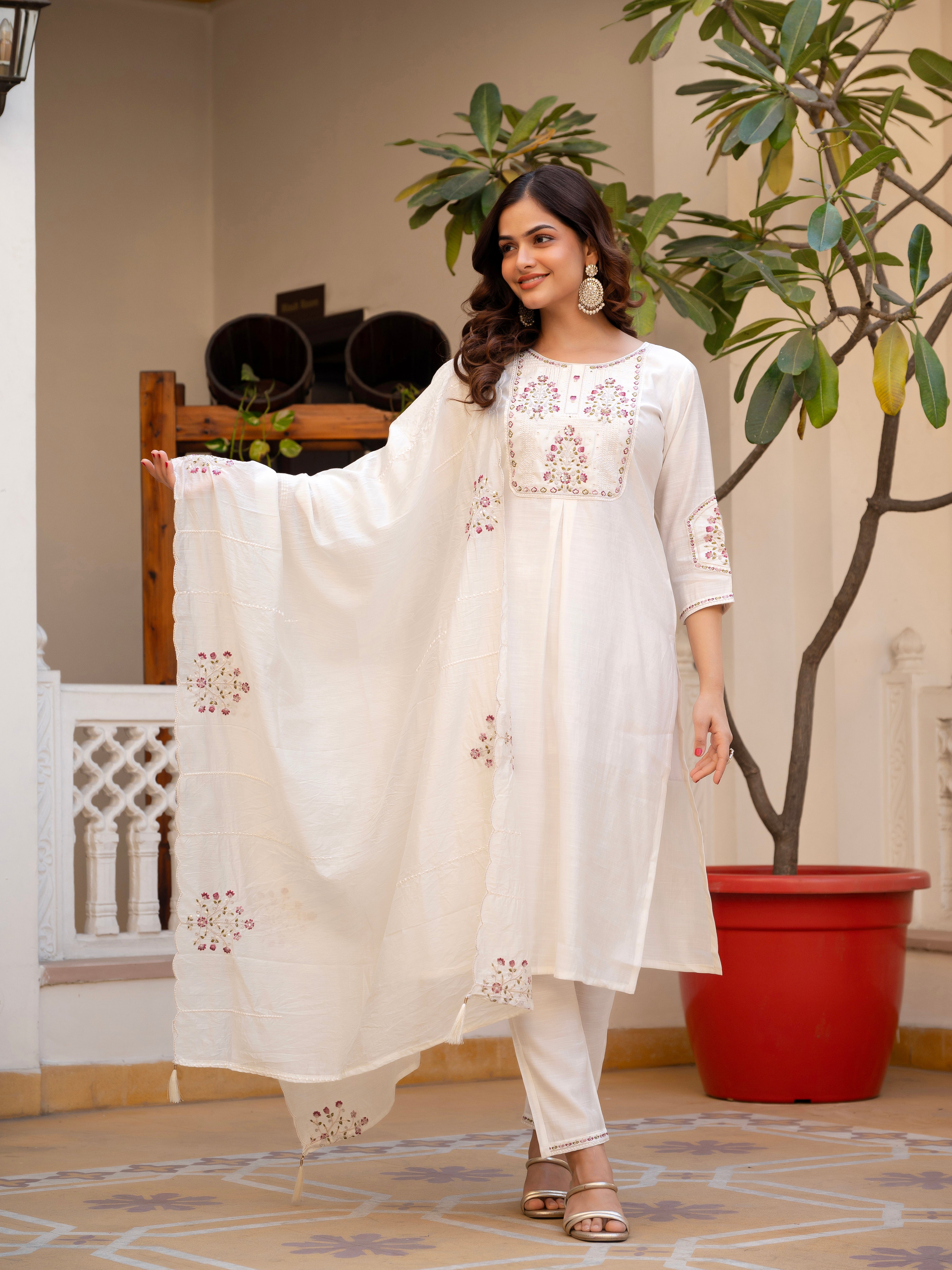 Pure Viscose Mango Silk Embroidered Straight Kurti Set – White