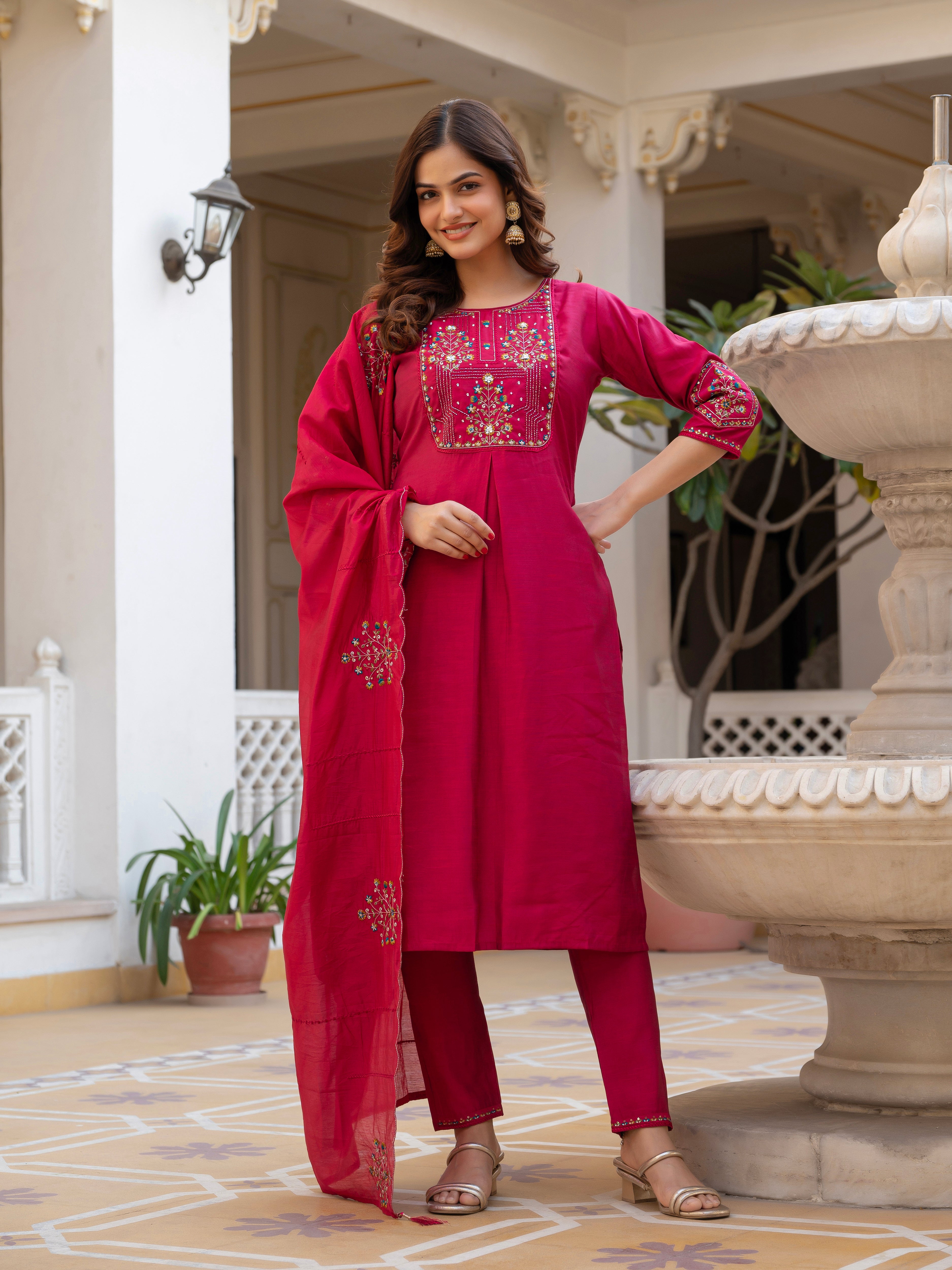 Pure Viscose Mango Silk Embroidered Straight Kurti Set – Pink