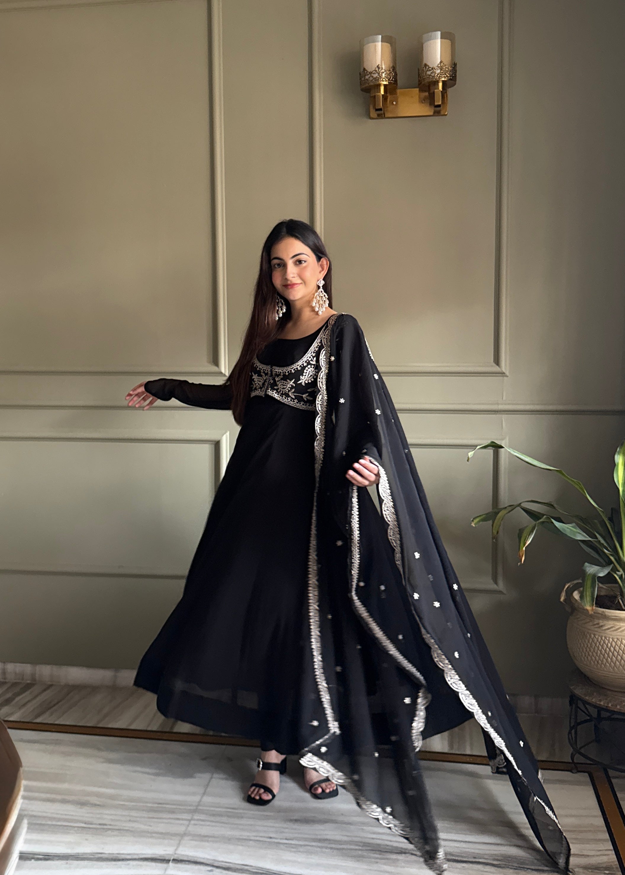 Georgette Embroidered Anarkali Set – Black