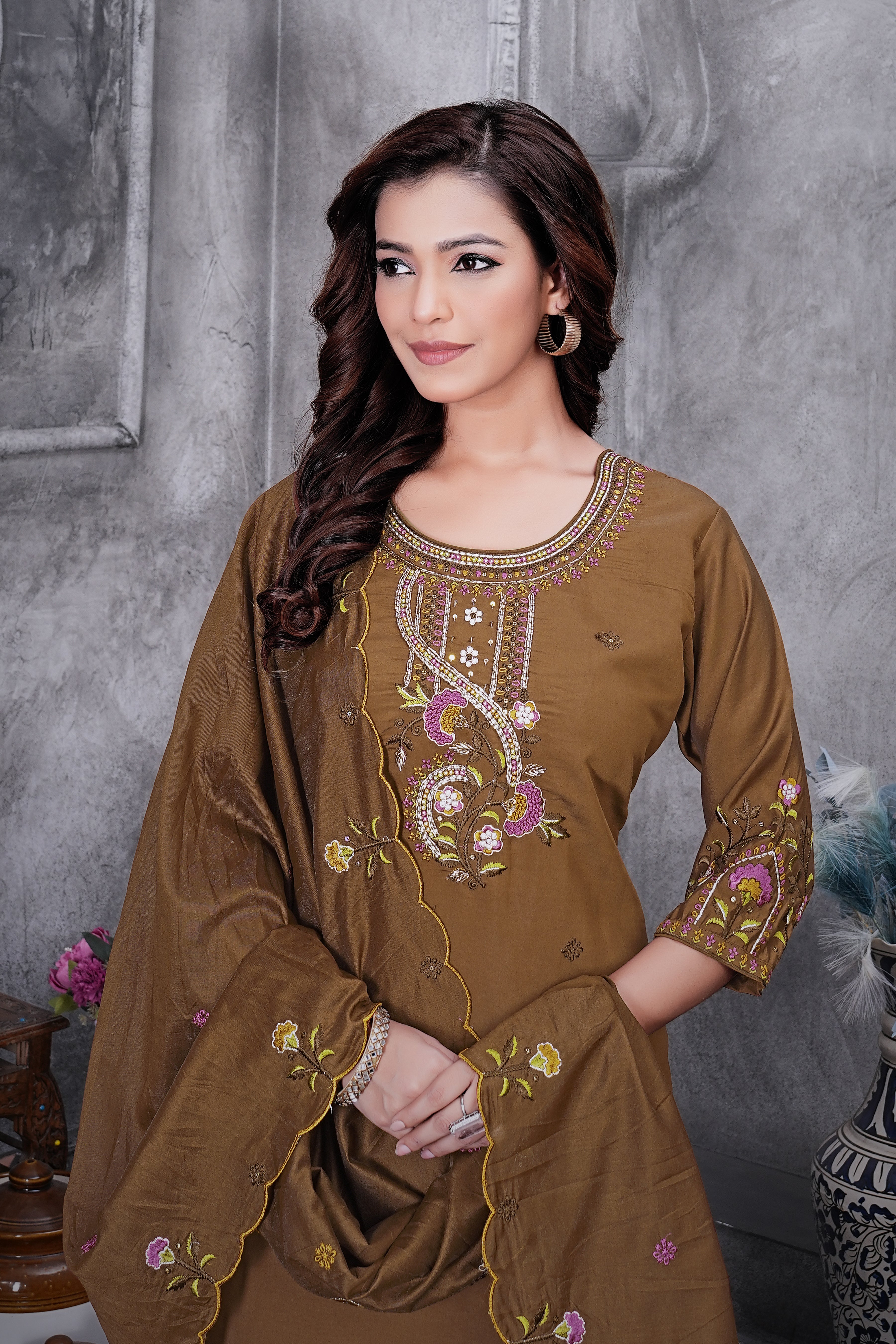 Roman Silk Embroidered Straight Kurti Set – Brown