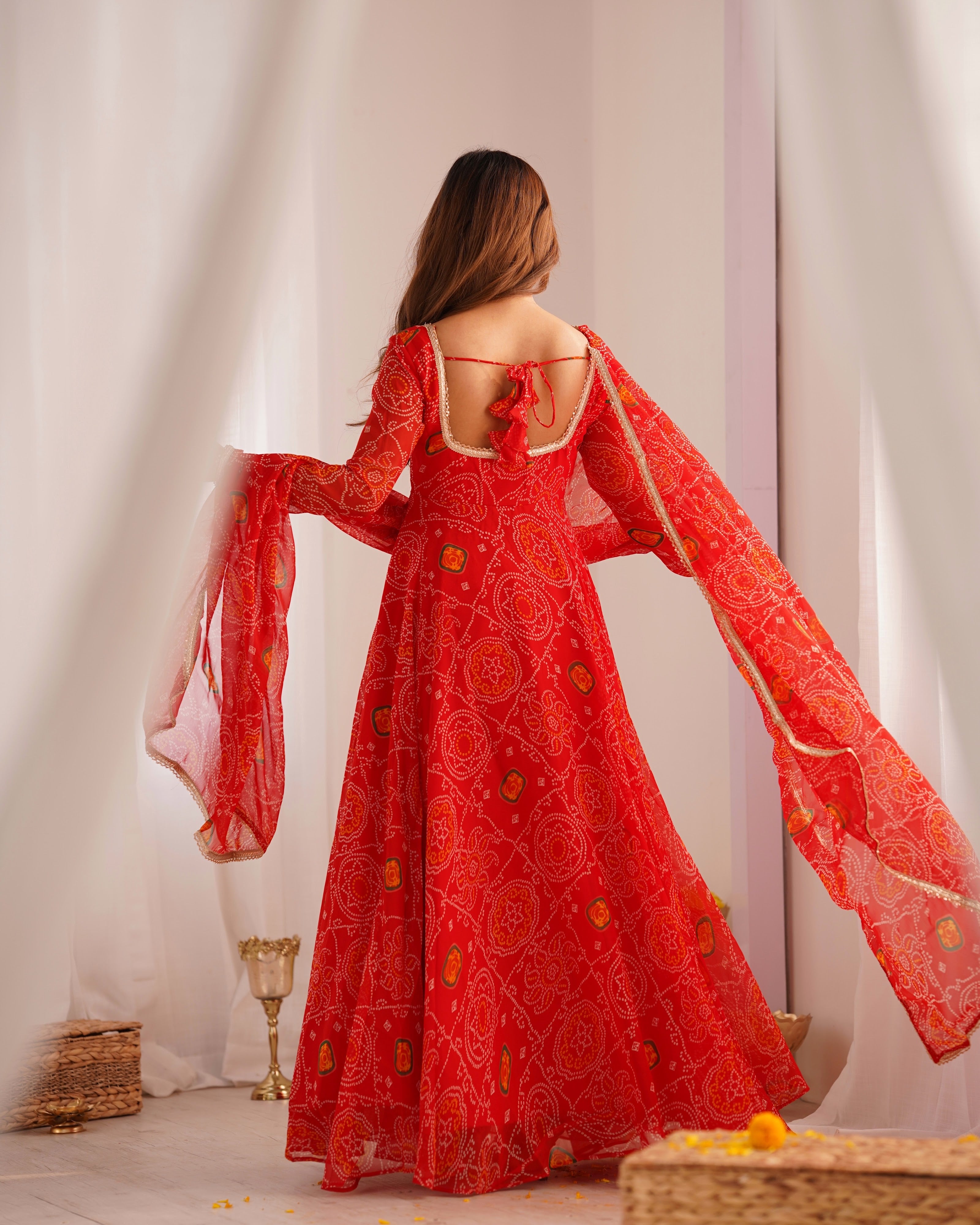Soft Lightweight Chiffon Bandhej Fabric Inner Micro Cotton Embroidered Anarkali Set – Orange