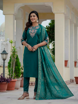Premium Roman Silk Embroidered Straight Kurti Set – Rama Green