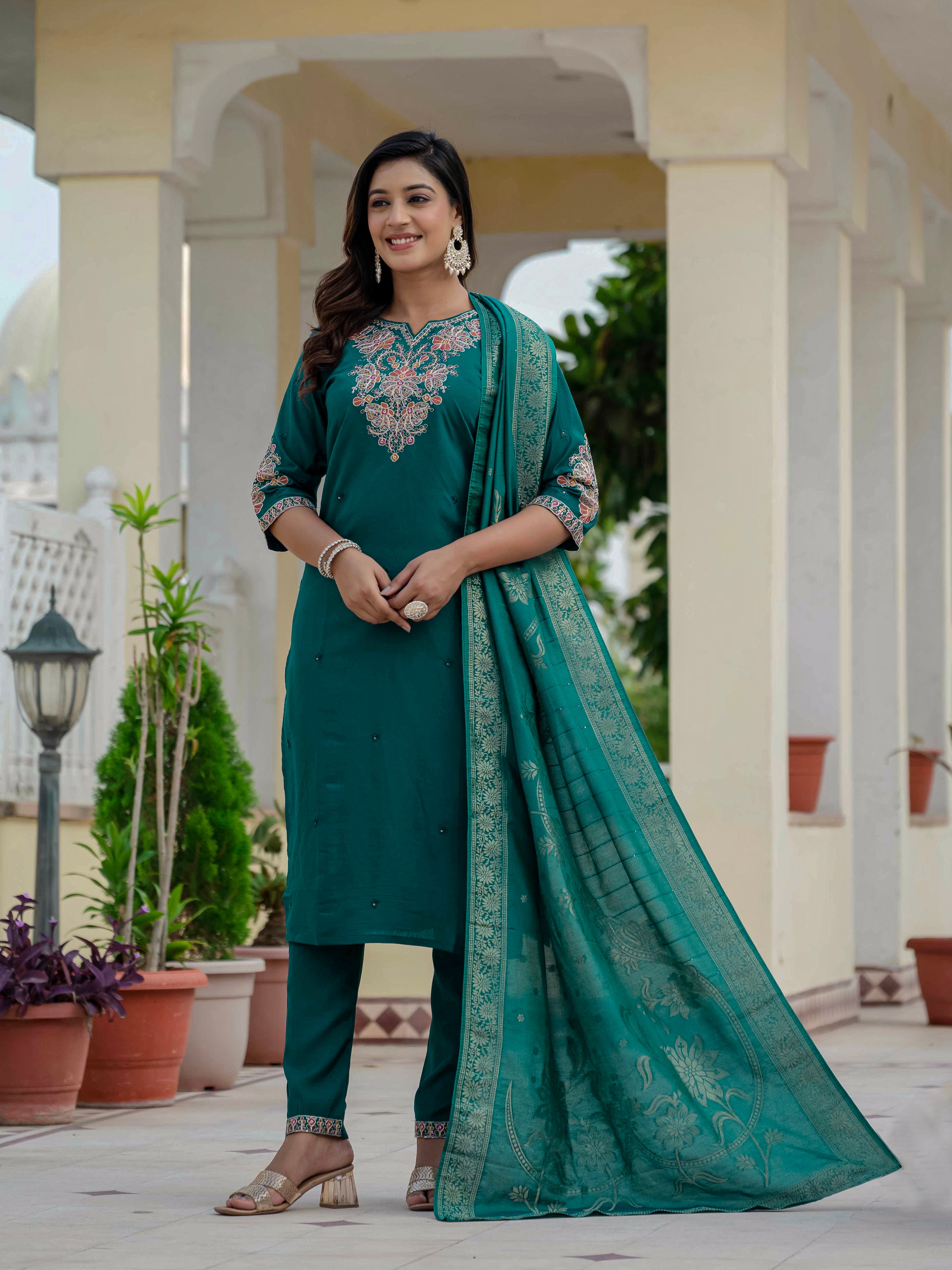 Premium Roman Silk Embroidered Straight Kurti Set – Rama Green