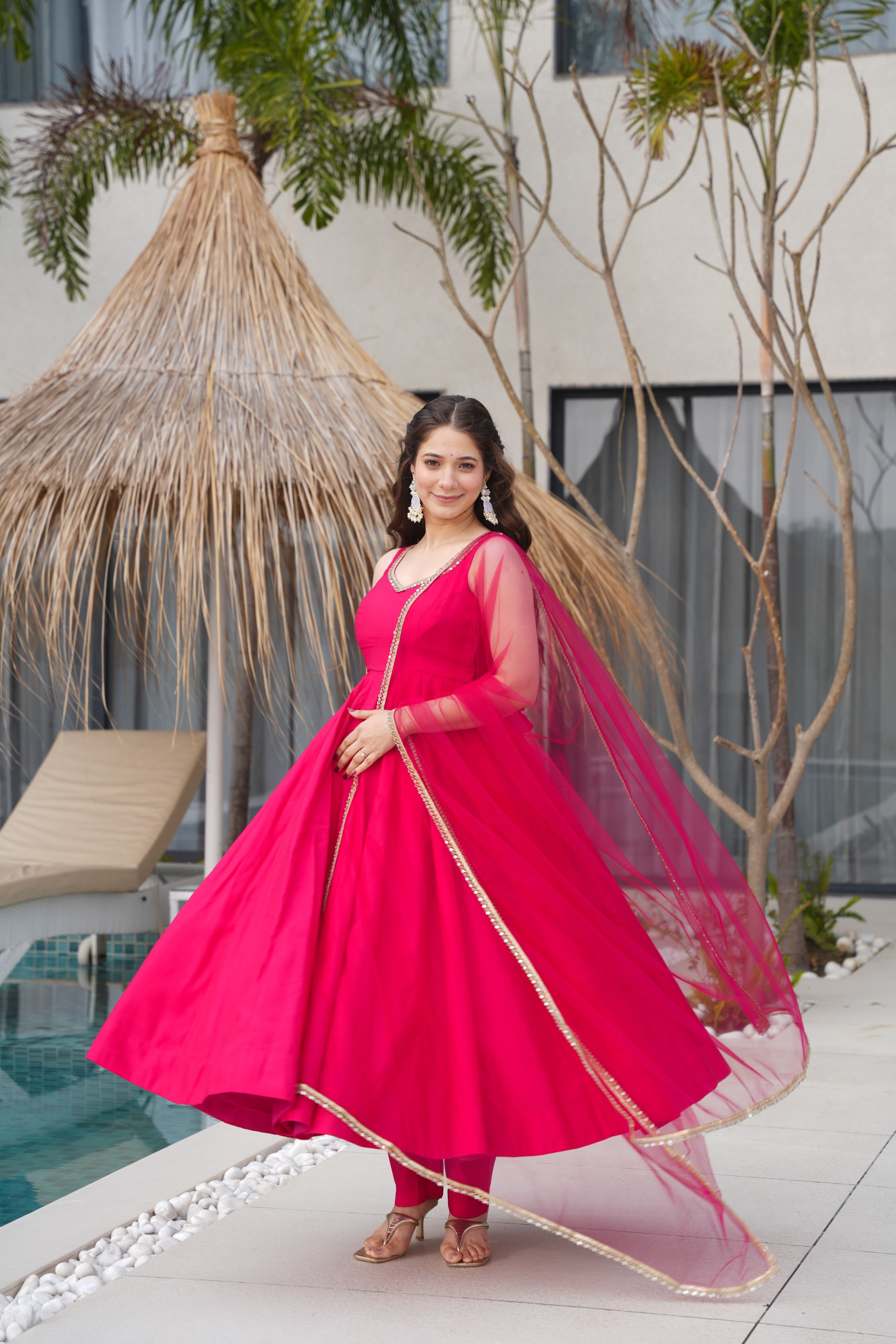 Roman Chanderi Silk Embroidered Anarkali Set – Rani Pink