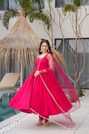 Roman Chanderi Silk Embroidered Anarkali Set – Rani Pink