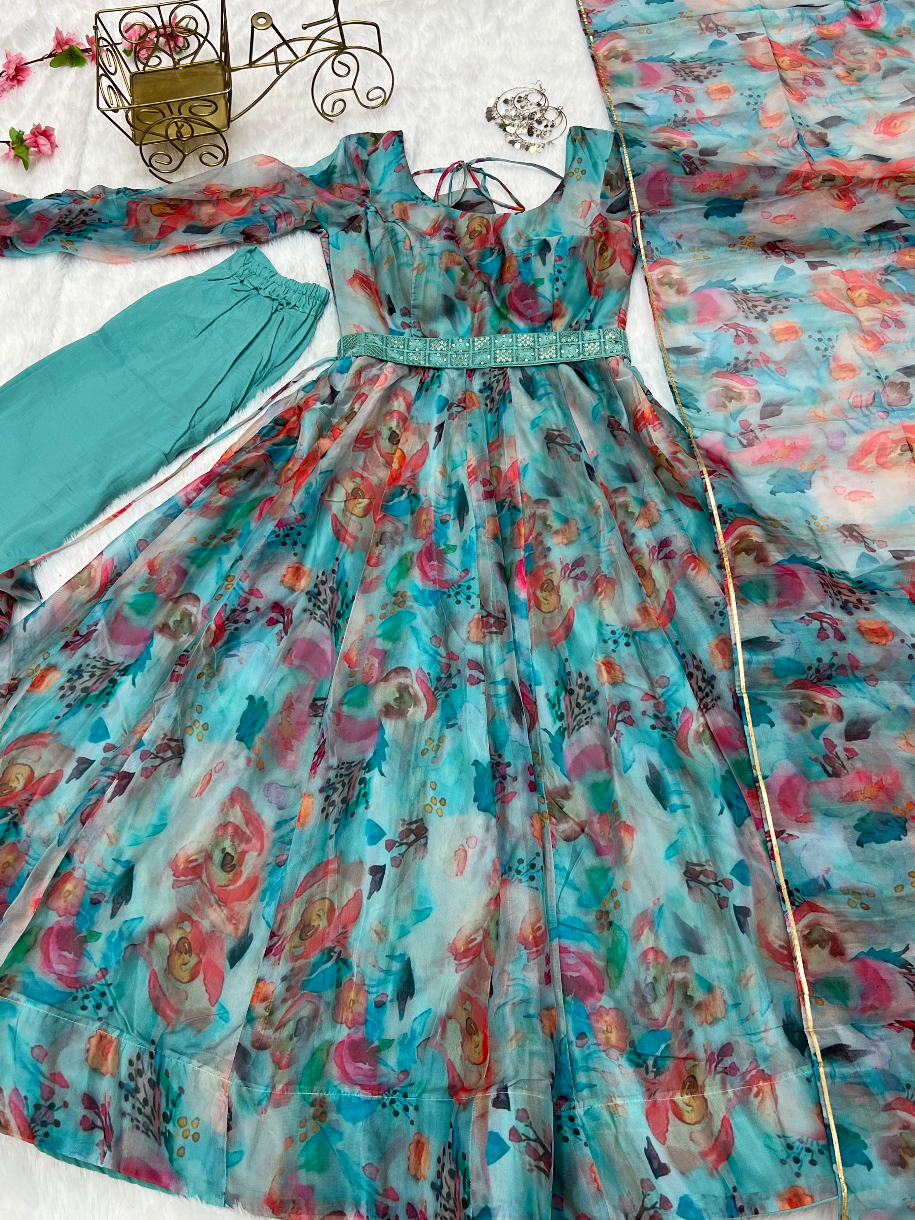 Organza Silk Printed Anarkali Set – Sky Floral