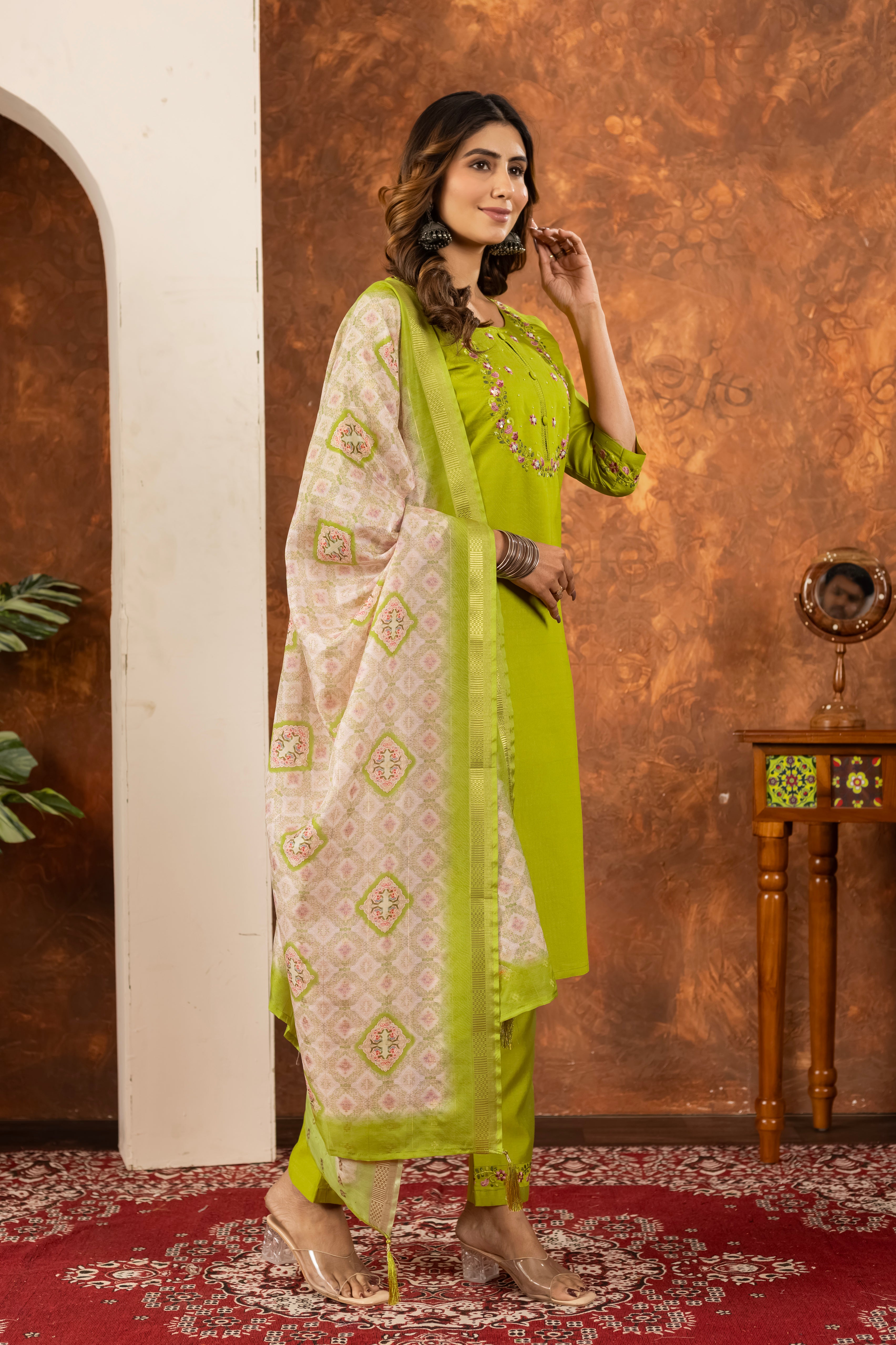 Marina Silk Embroidered Straight Kurti Set – Parrot Green