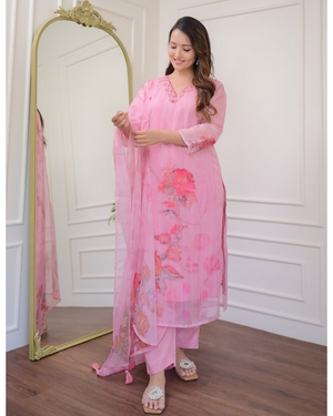 Organza Embroidered Kurta Pant Dupatta Set – Pink