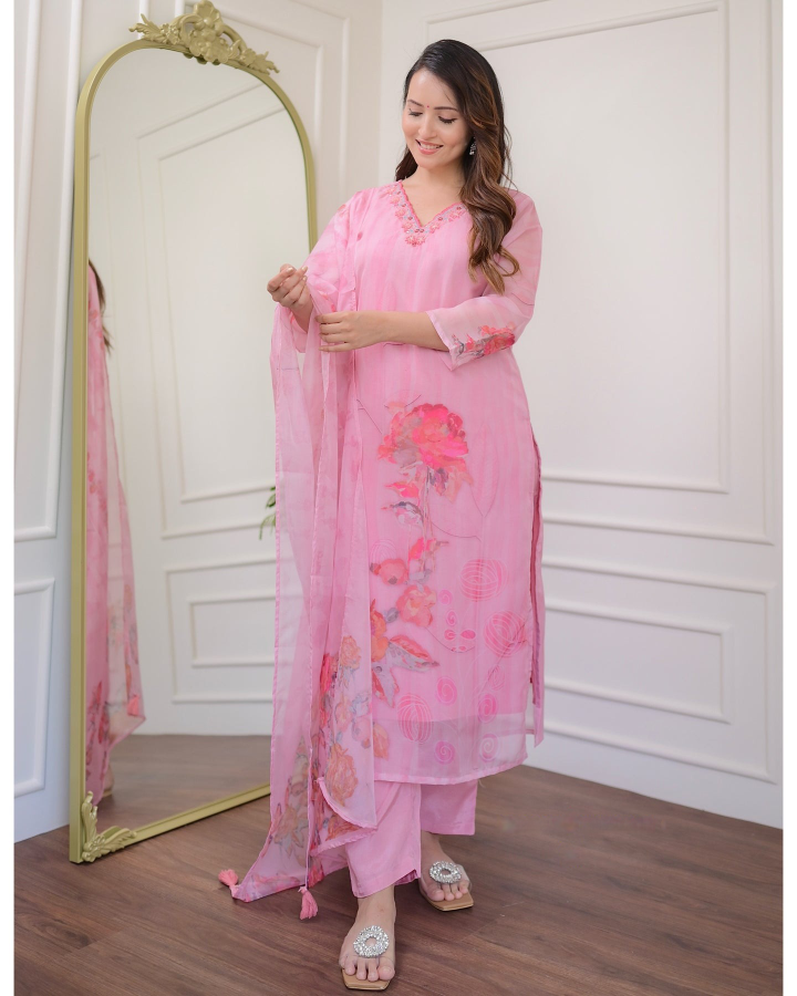 Organza Embroidered Kurta Pant Dupatta Set – Pink