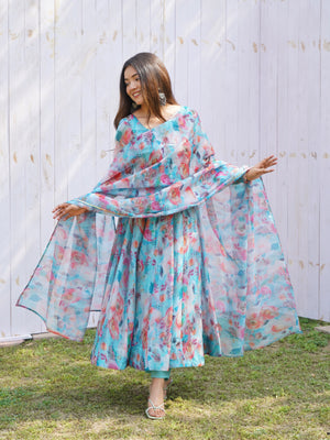 Organza Silk Printed Anarkali Set – Sky Floral