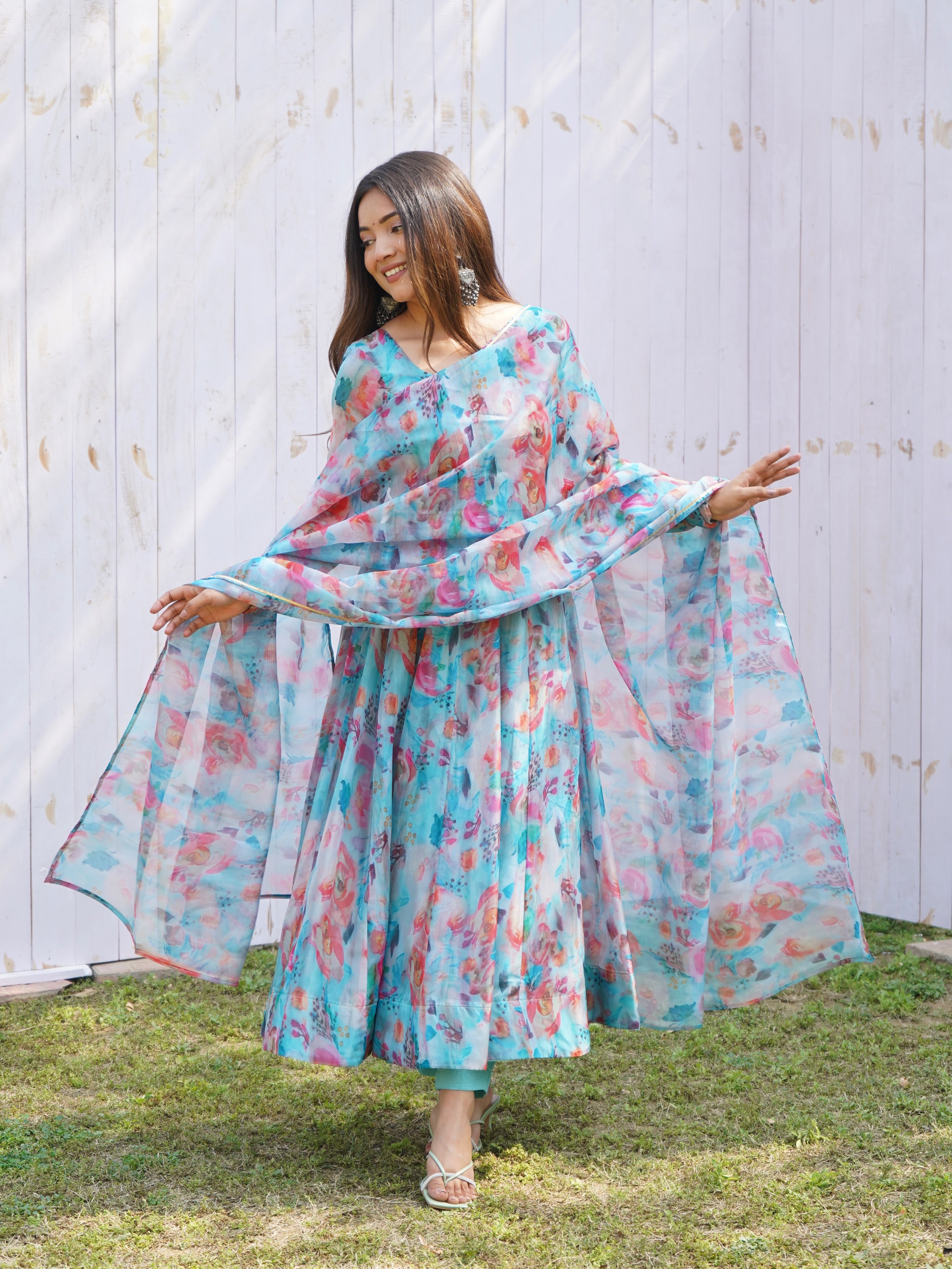 Organza Silk Printed Anarkali Set – Sky Floral