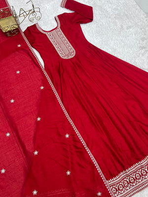 Vichitra Silk Embroidered Gown Set – Dark Red
