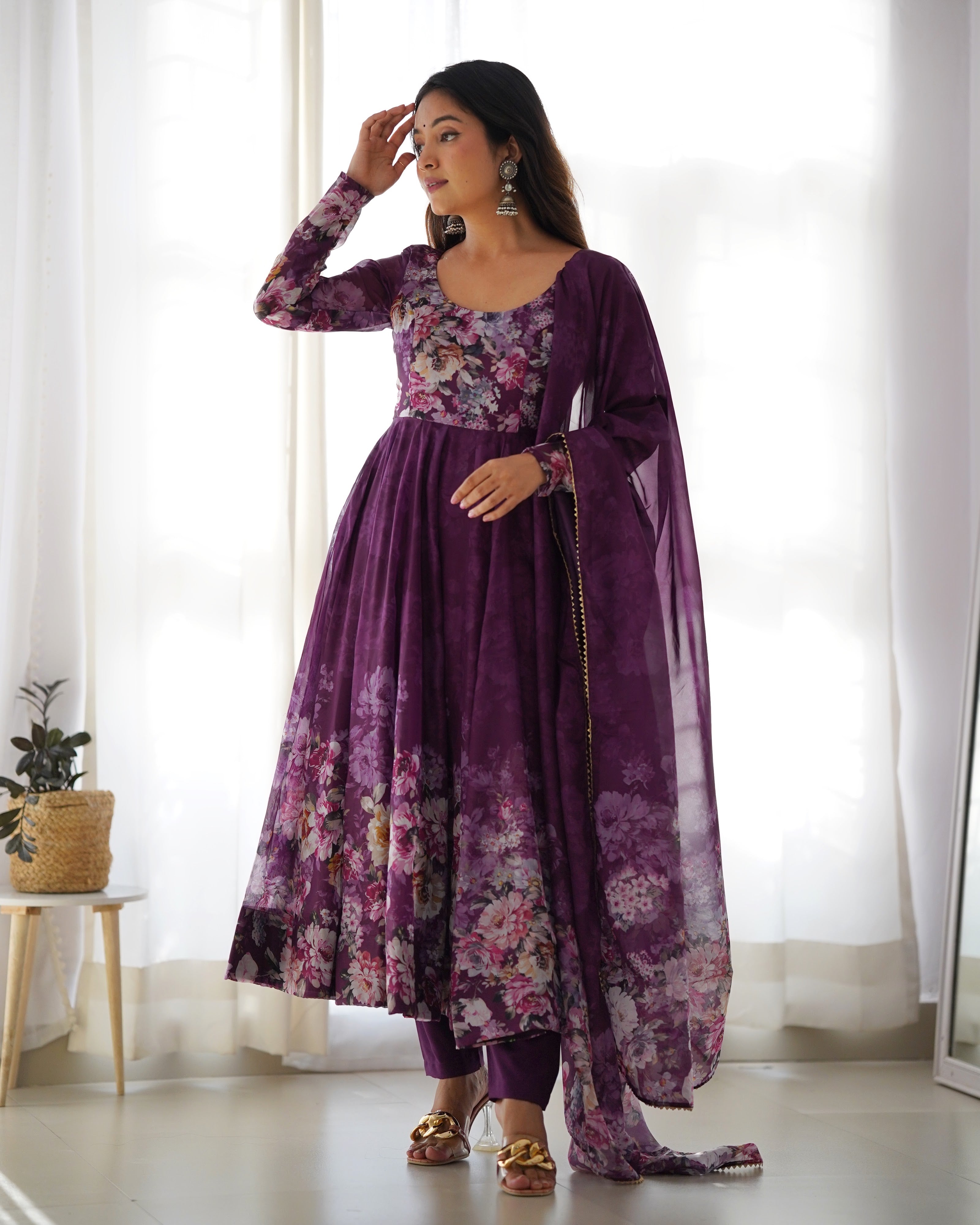Organza Silk Printed Anarkali Set – Wine