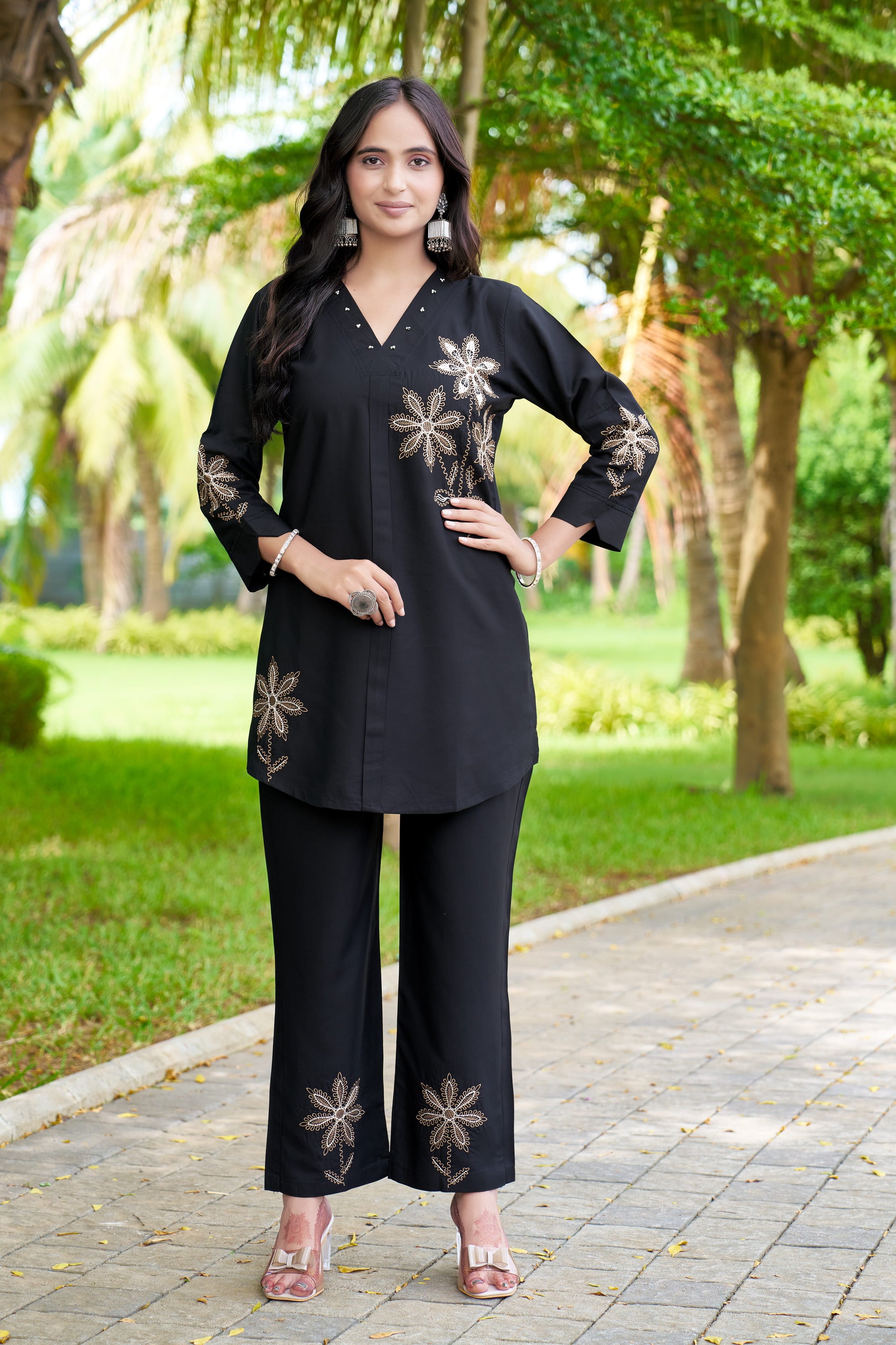 Heavy Rayon Embroidered Co-Ords Set – Black