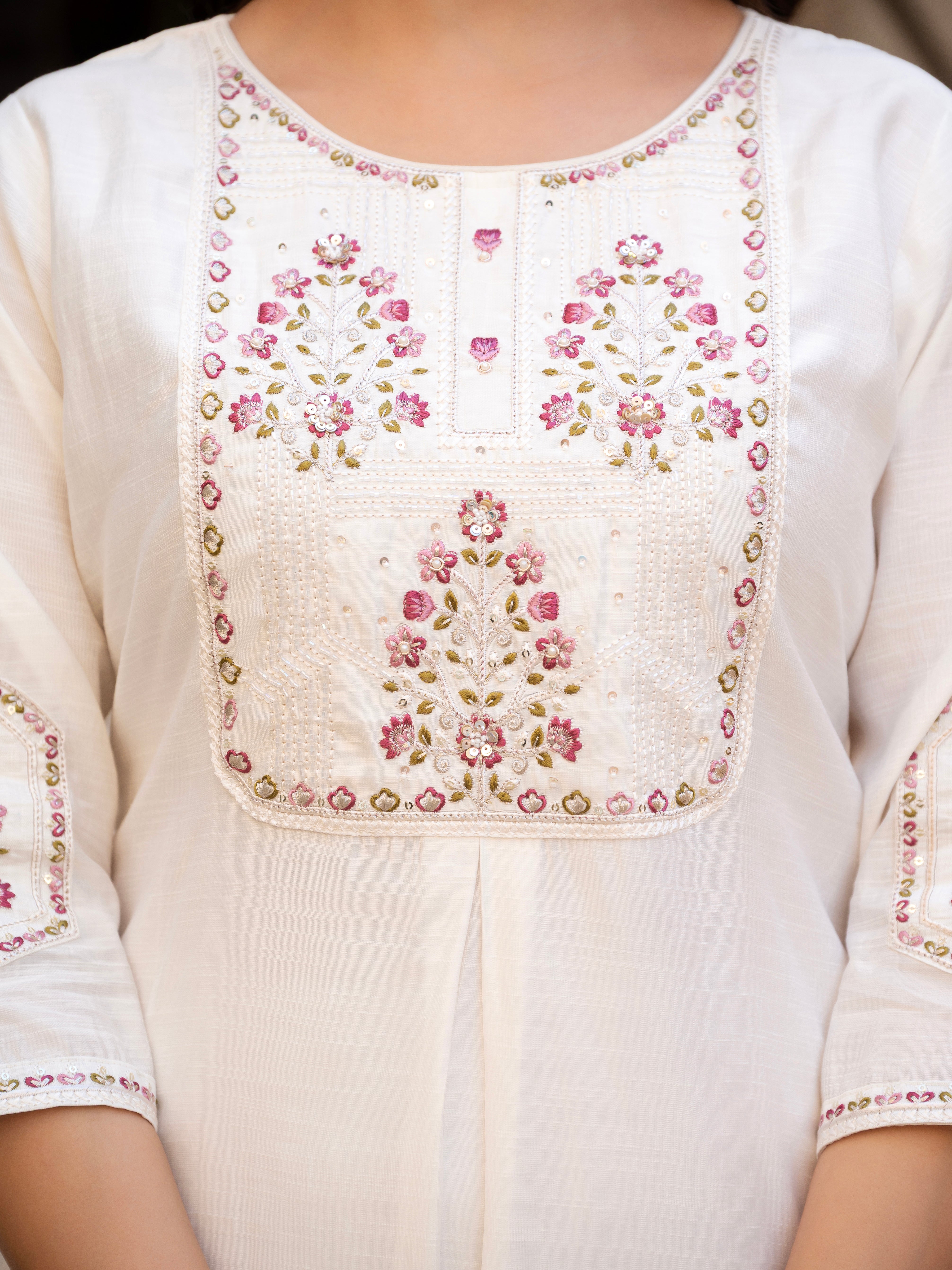 Pure Viscose Mango Silk Embroidered Straight Kurti Set – White