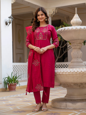Pure Viscose Mango Silk Embroidered Straight Kurti Set – Pink