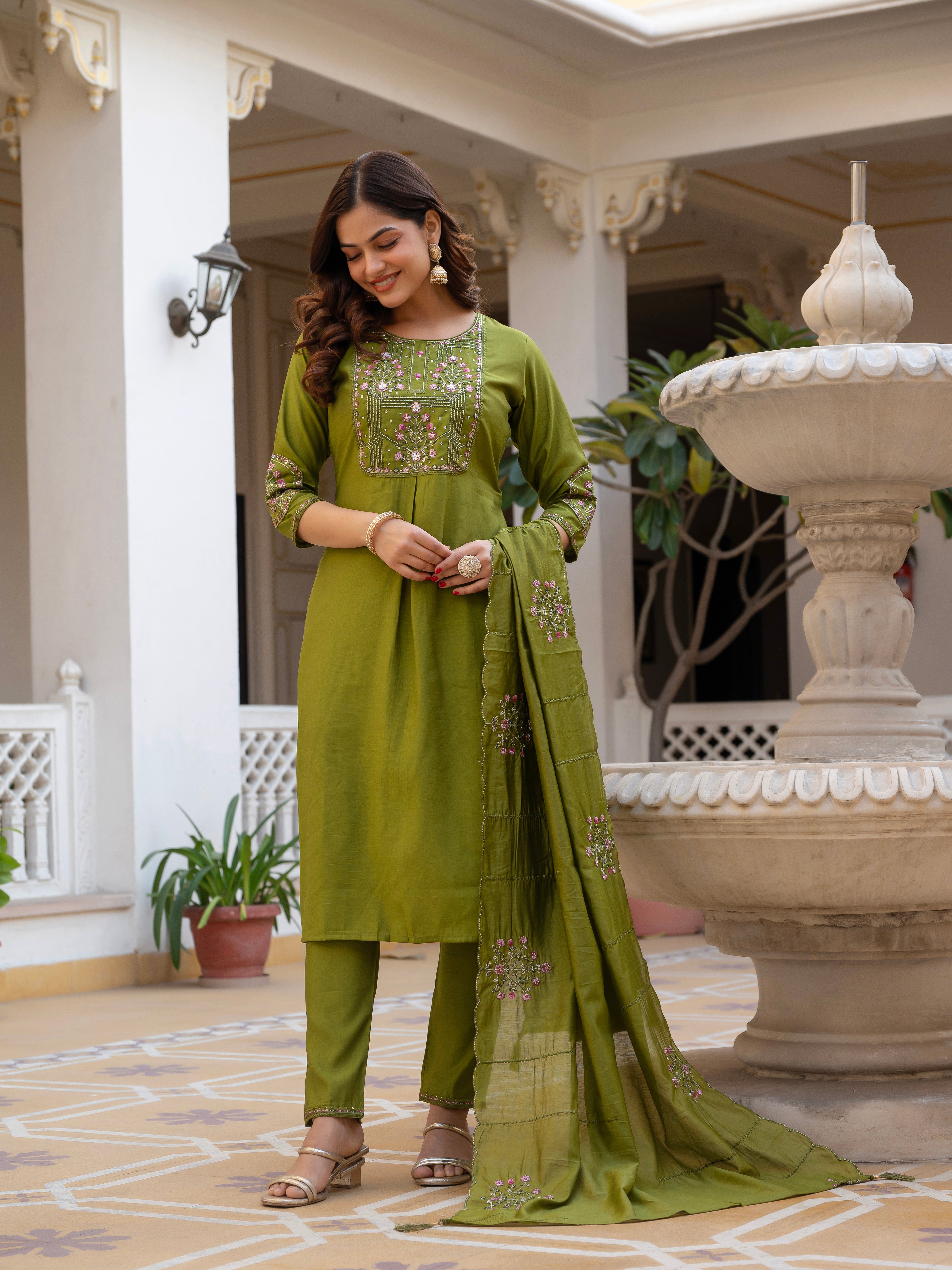 Pure Viscose Mango Silk Embroidered Straight Kurti Set – Mhendi Green