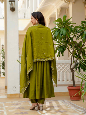 Viscose Roman Silk Embroidered Anarkali Kurti Set – Mahendi