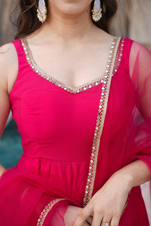 Roman Chanderi Silk Embroidered Anarkali Set – Rani Pink