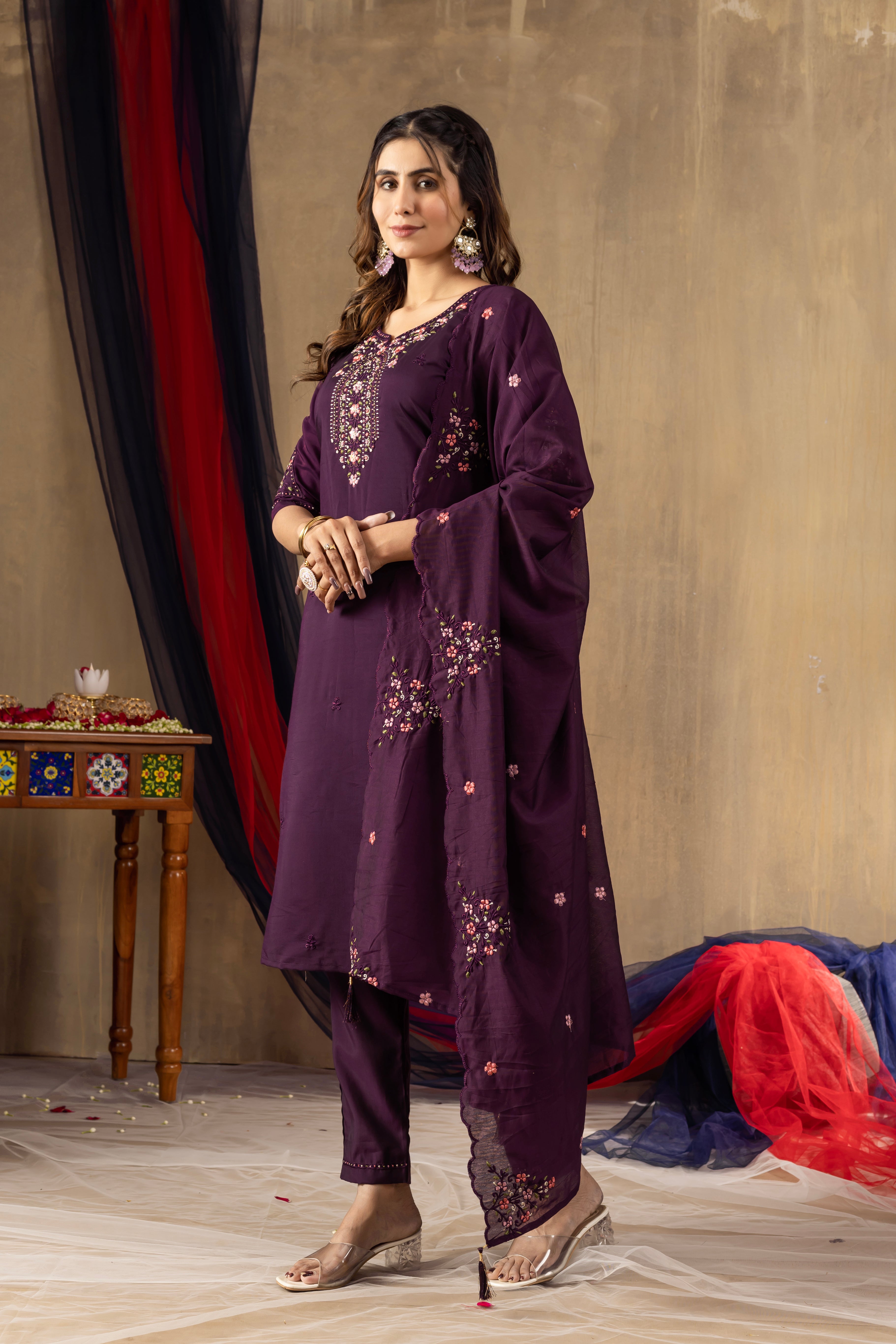 Roman Silk Embroidered Straight Kurti Set – Wine