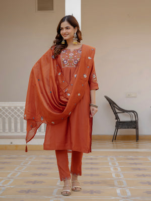 Pure Viscose Mango Silk Embroidered Straight Kurti Set – Rust