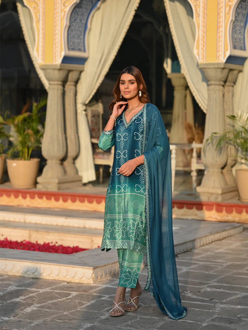Chinon Silk Printed Kurta Pant Dupatta Set – Rama Green