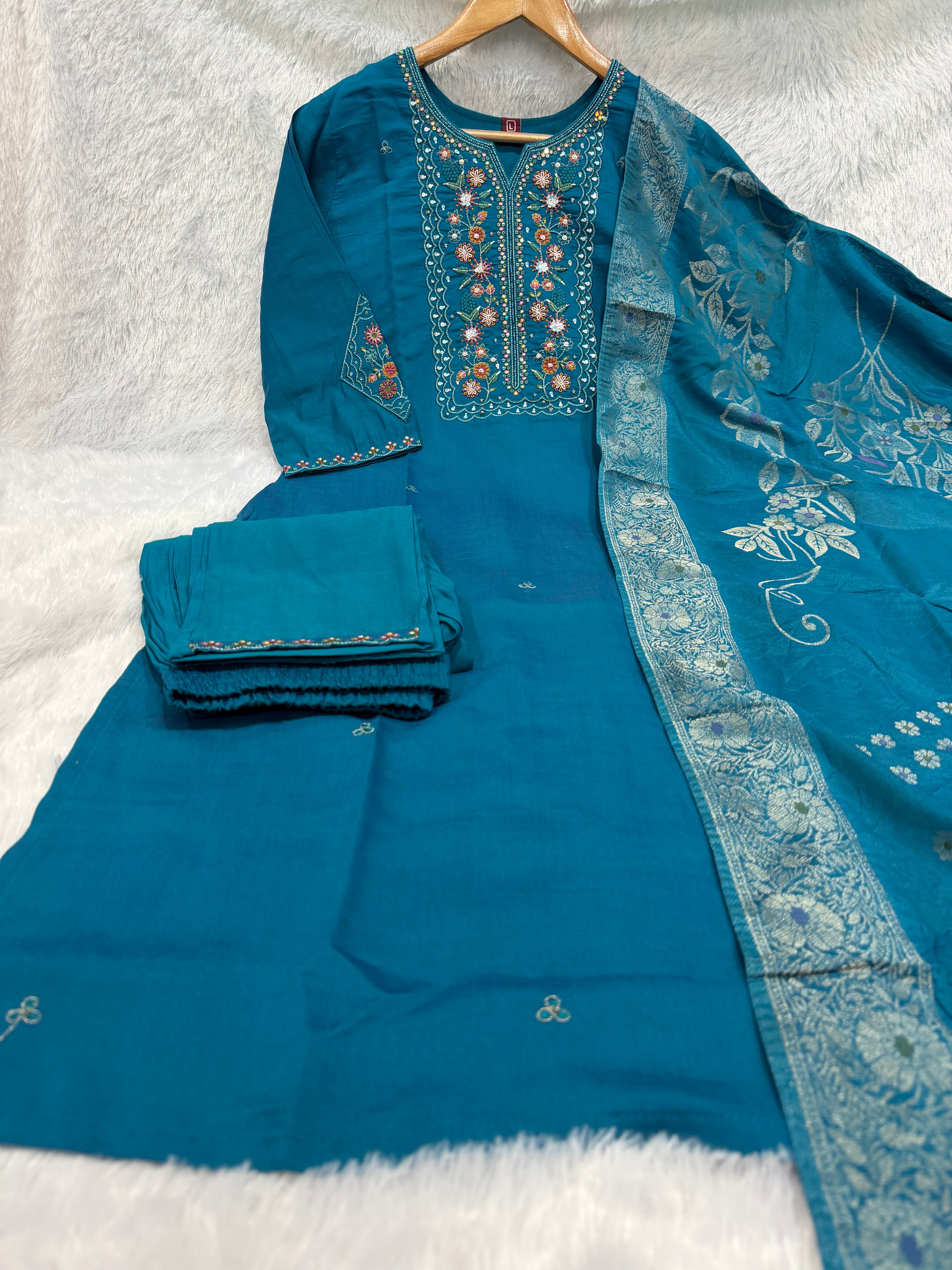 Pure Viscose Mango Silk Embroidered Straight Kurti Set – Firozi