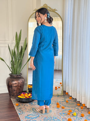 Roman Silk Embroidered Kurta Pant Dupatta Set – Sky Blue