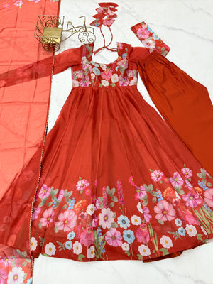 Organza Silk Printed Anarkali Set – Rust