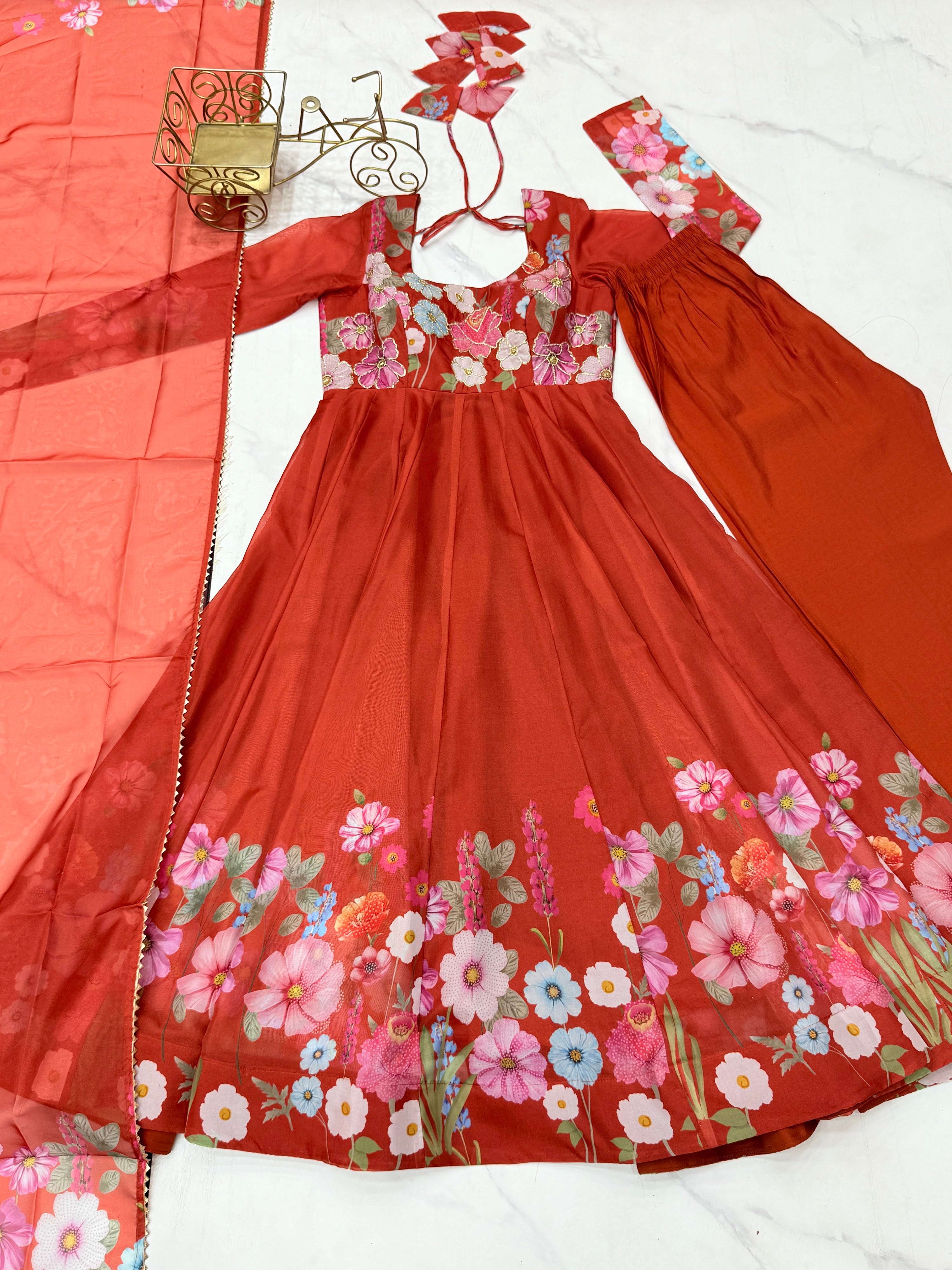 Organza Silk Printed Anarkali Set – Rust