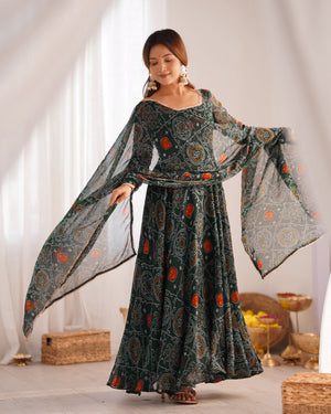 Soft Lightweight Chiffon Bandhej Fabric Inner Micro Cotton Embroidered Anarkali Set – Green