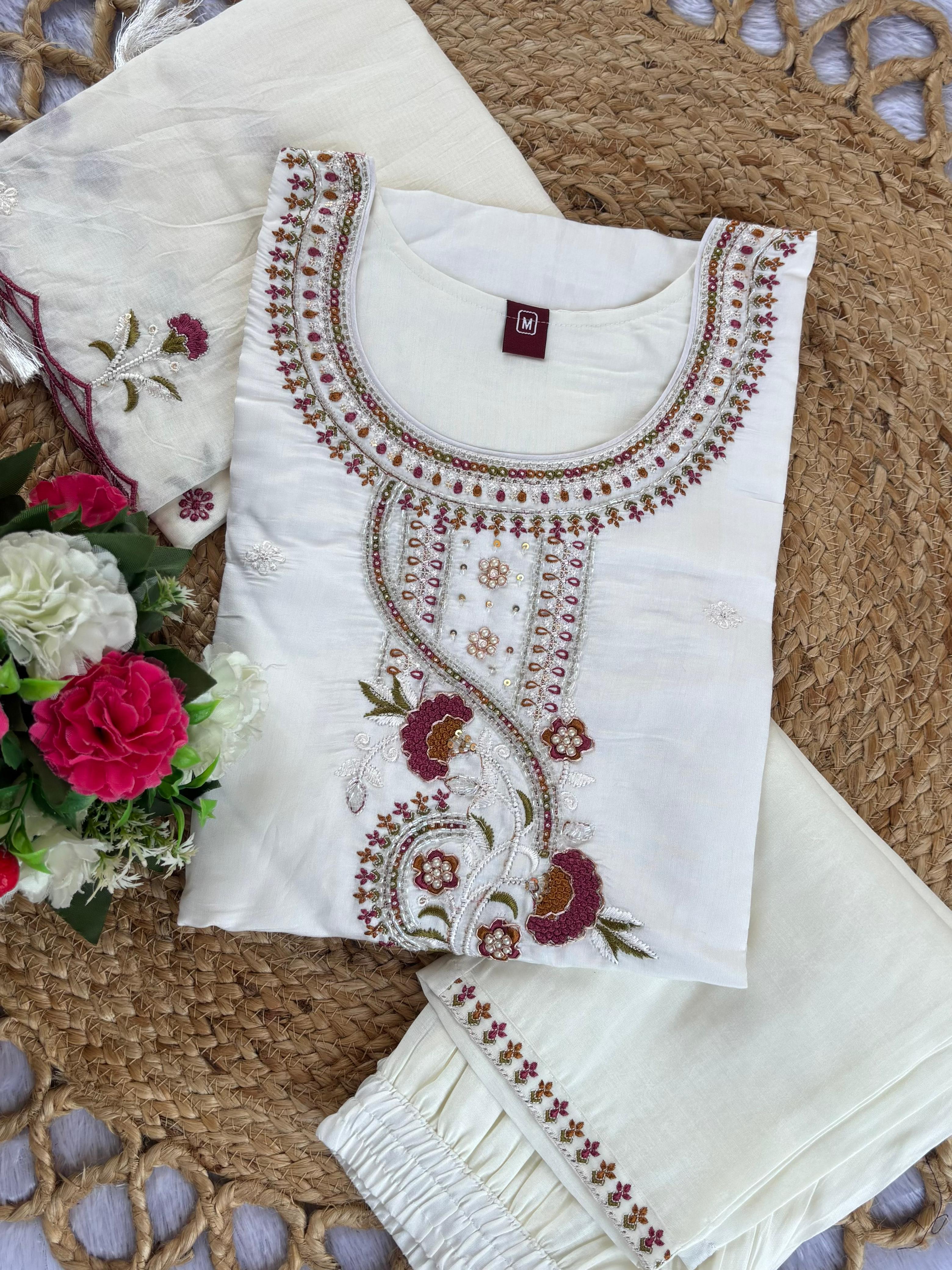 Roman Silk Embroidered Straight Kurti Set – White