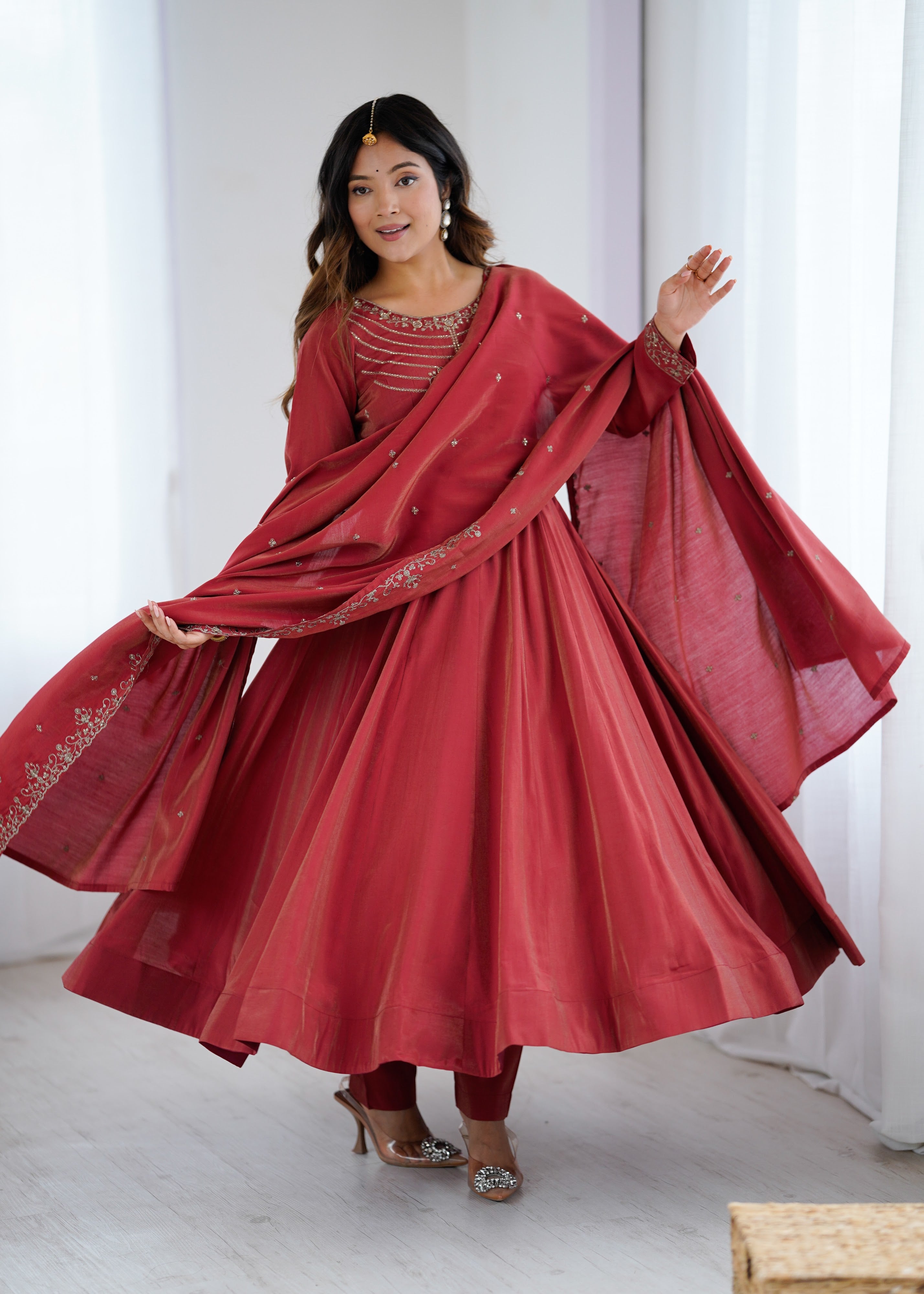 Roman Shimmer Silk Embroidered Anarkali Set – Maroon
