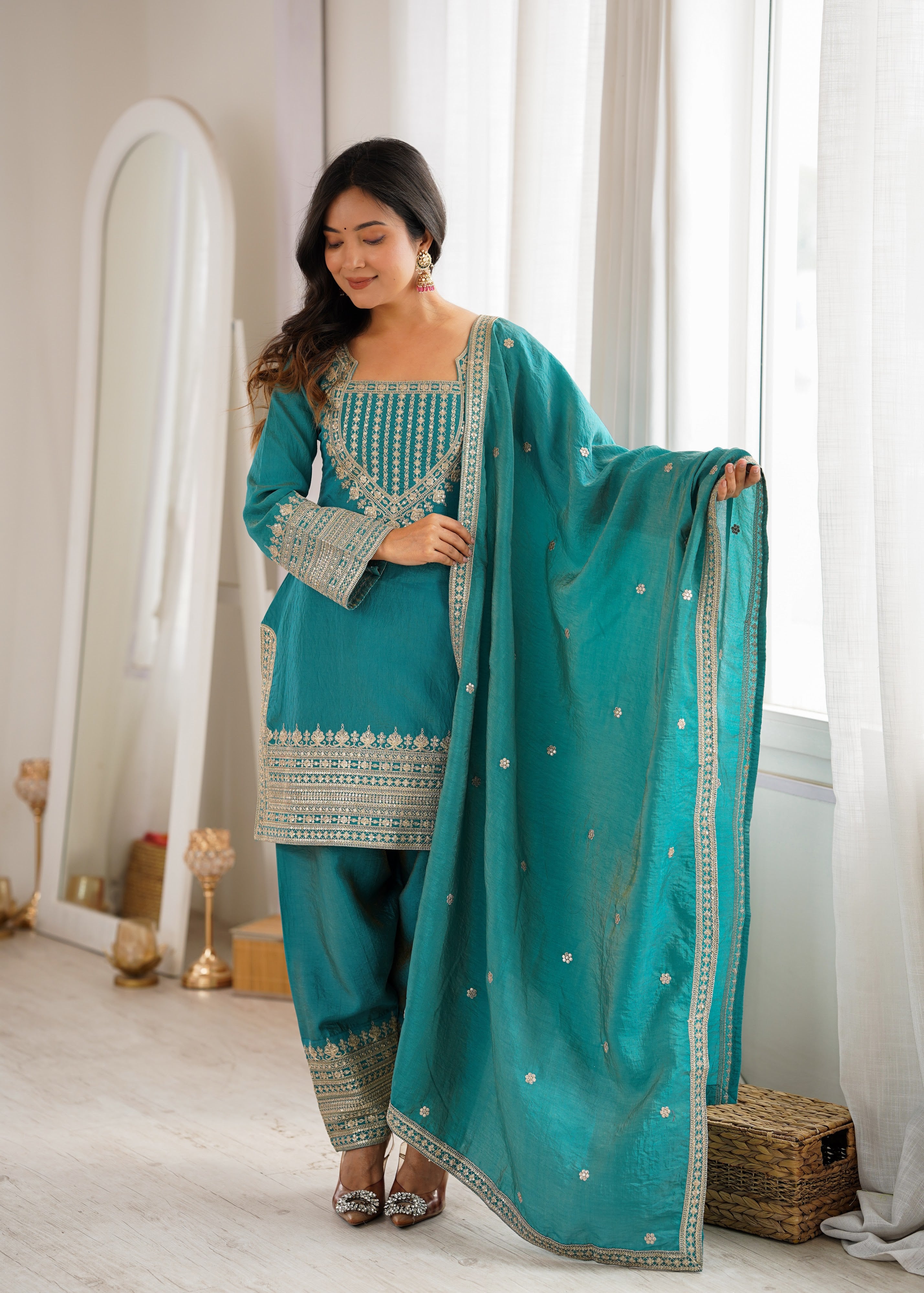 Vichitra Silk Embroidered Farshi Salwar Set – Sea Green