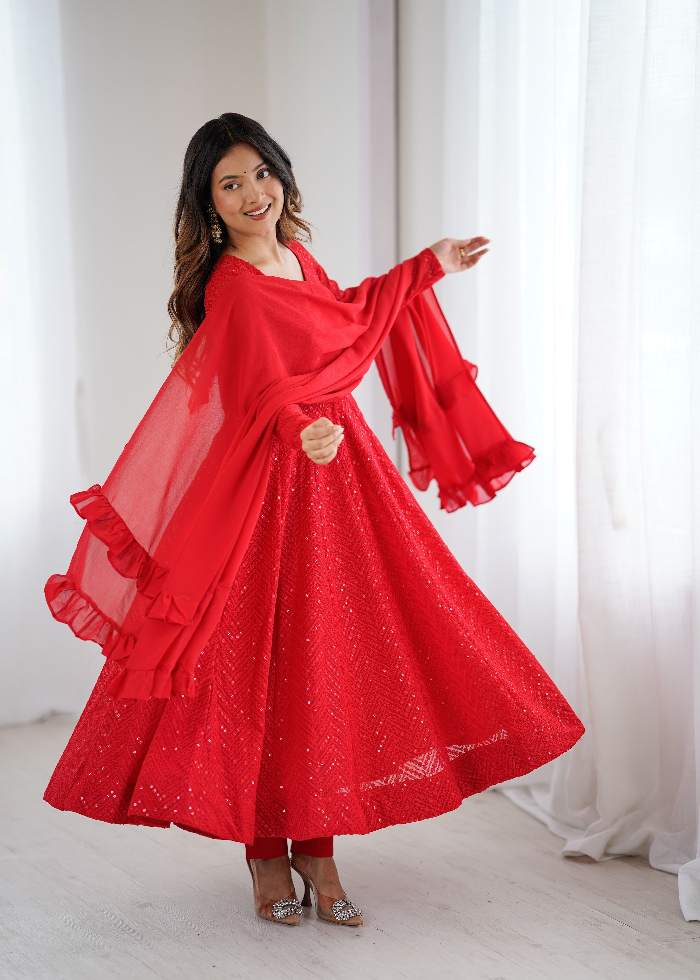Georgette Embroidered Anarkali Set – Red