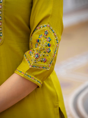 Pure Viscose Mango Silk Embroidered Straight Kurti Set – Yellow