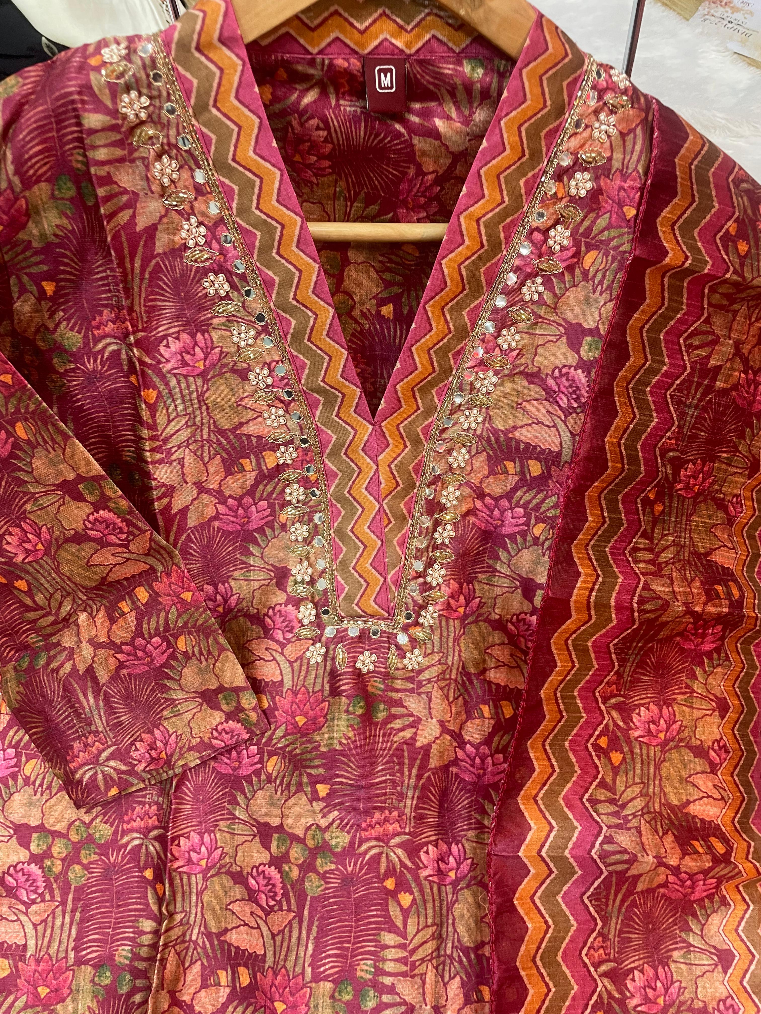 Zarna Silk Embroidered Straight Kurti Set – Maroon