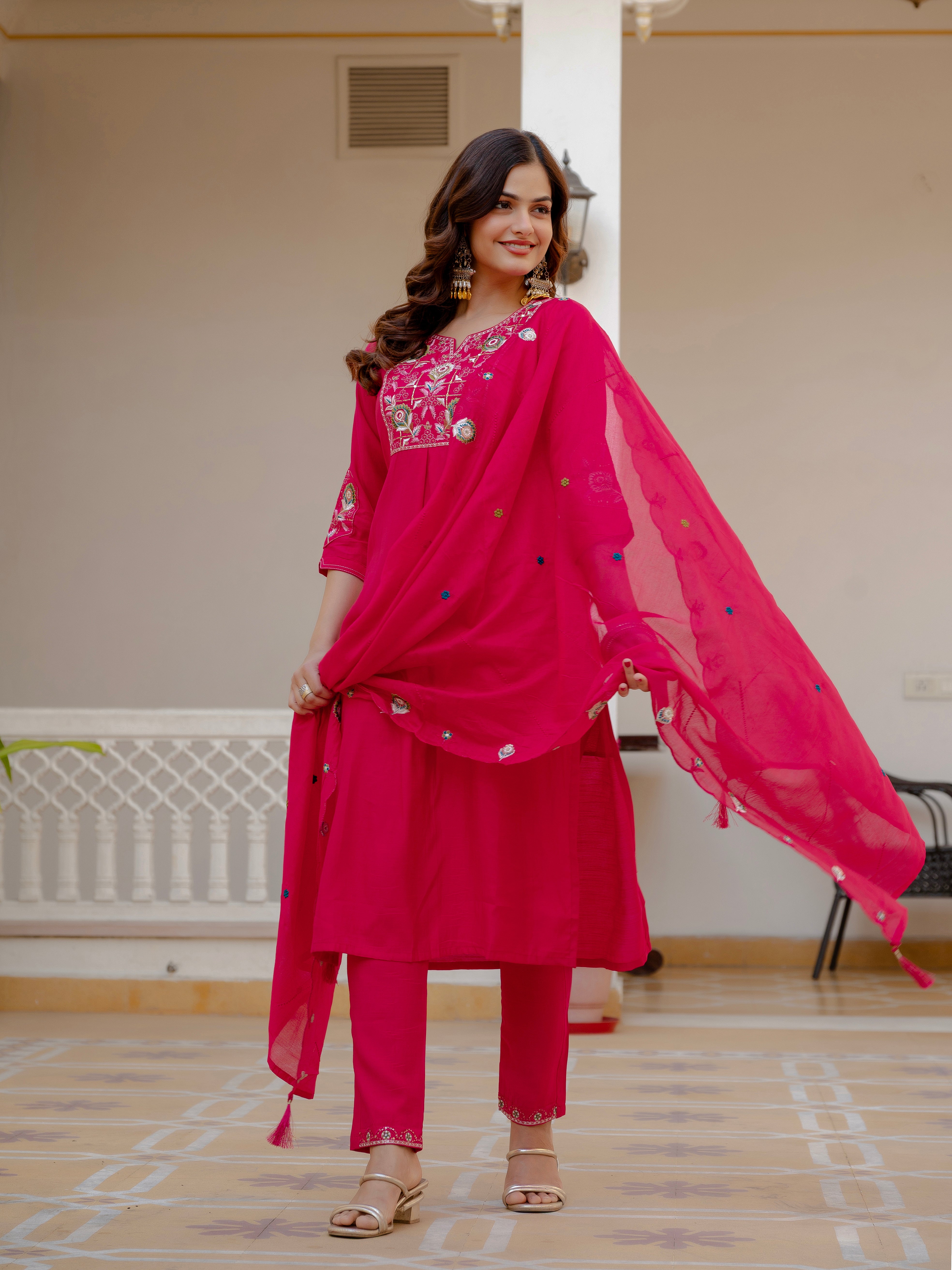 Pure Viscose Mango Silk Embroidered Straight Kurti Set – Pink