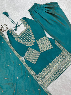 Vichitra Silk Embroidered Farshi Salwar Set – Sea Green