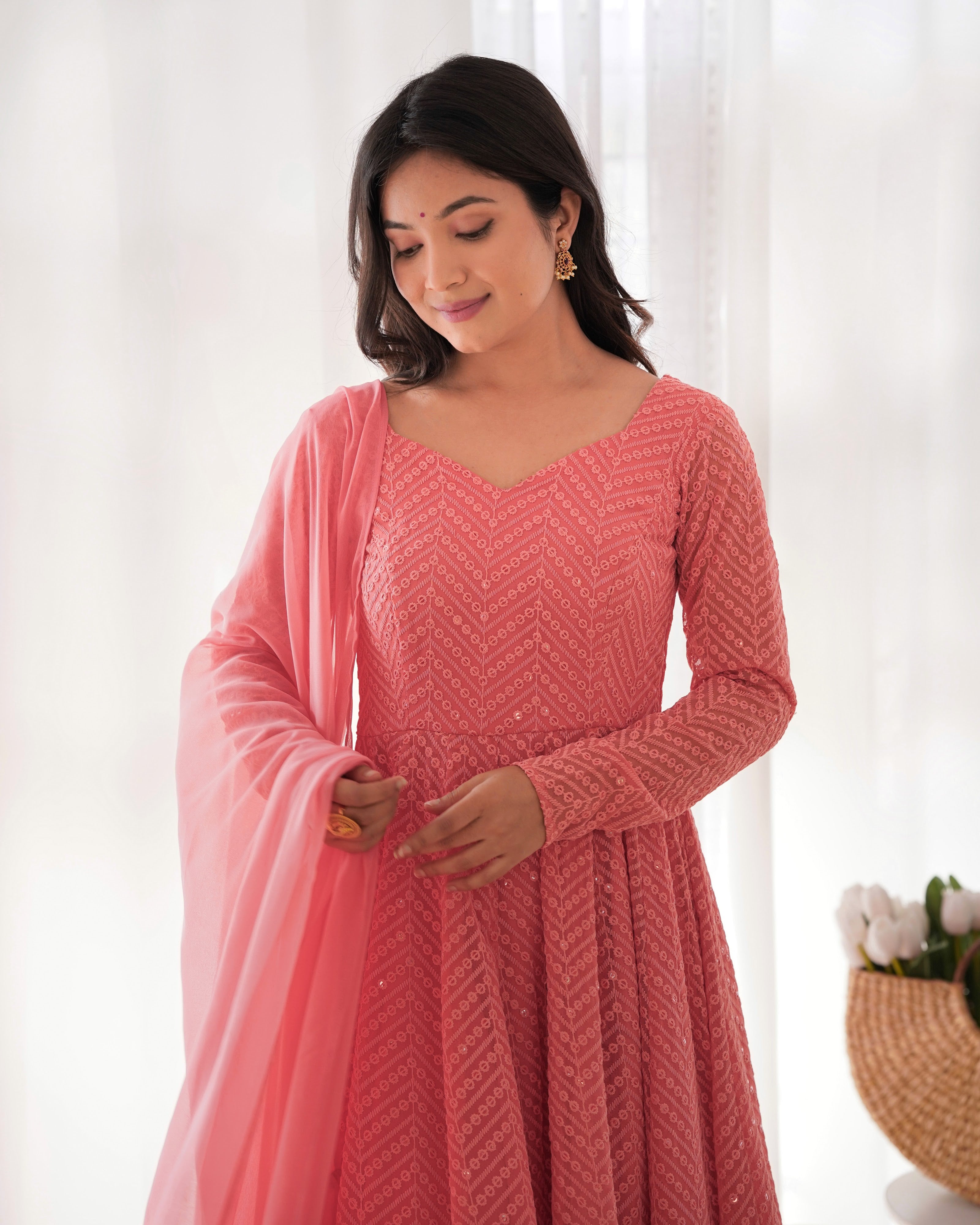 Georgette Embroidered Anarkali Set – Peach