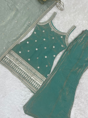Frendy Silk Embroidered Bell Bottom Set – Sea Green