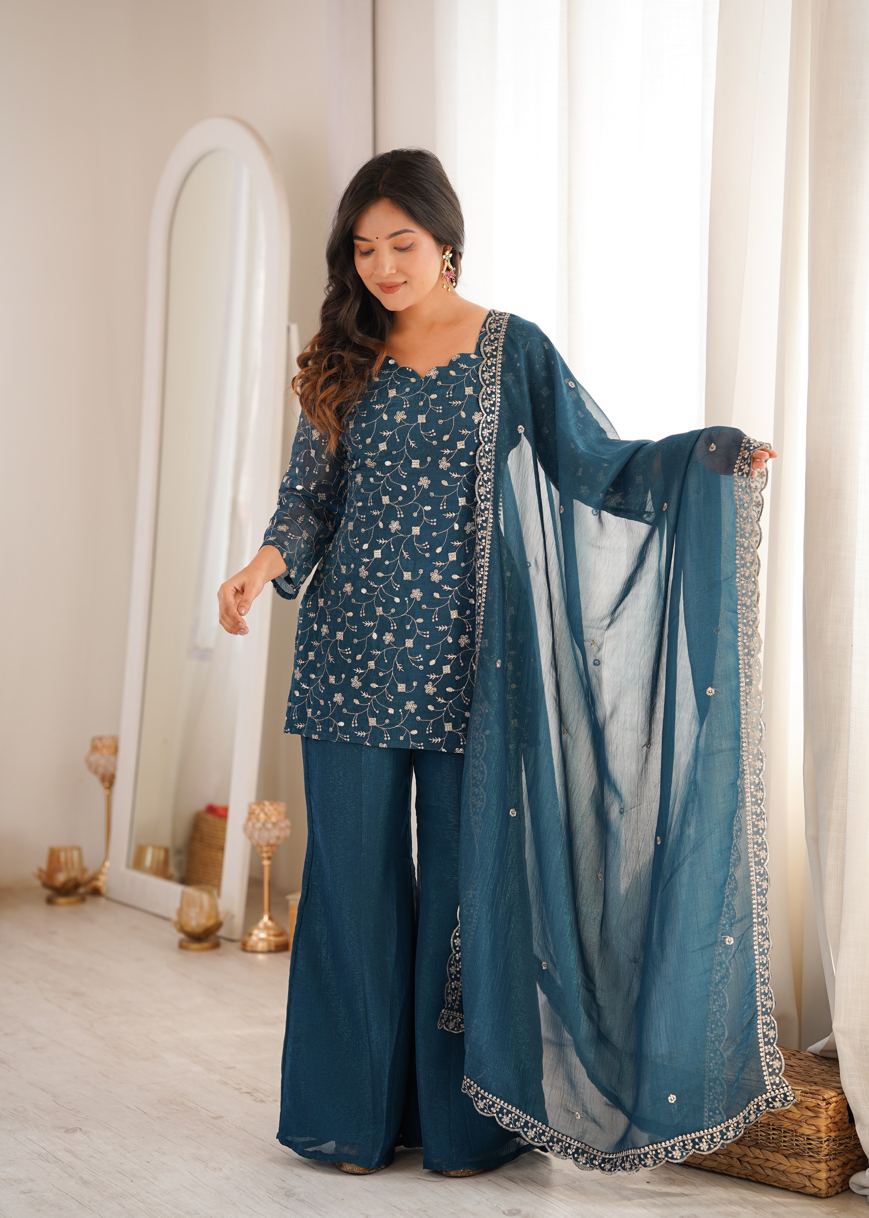 Crunchy Silk Embroidered Bell Bottom Set – Teal Blue