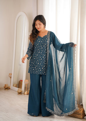 Crunchy Silk Embroidered Bell Bottom Set – Teal Blue