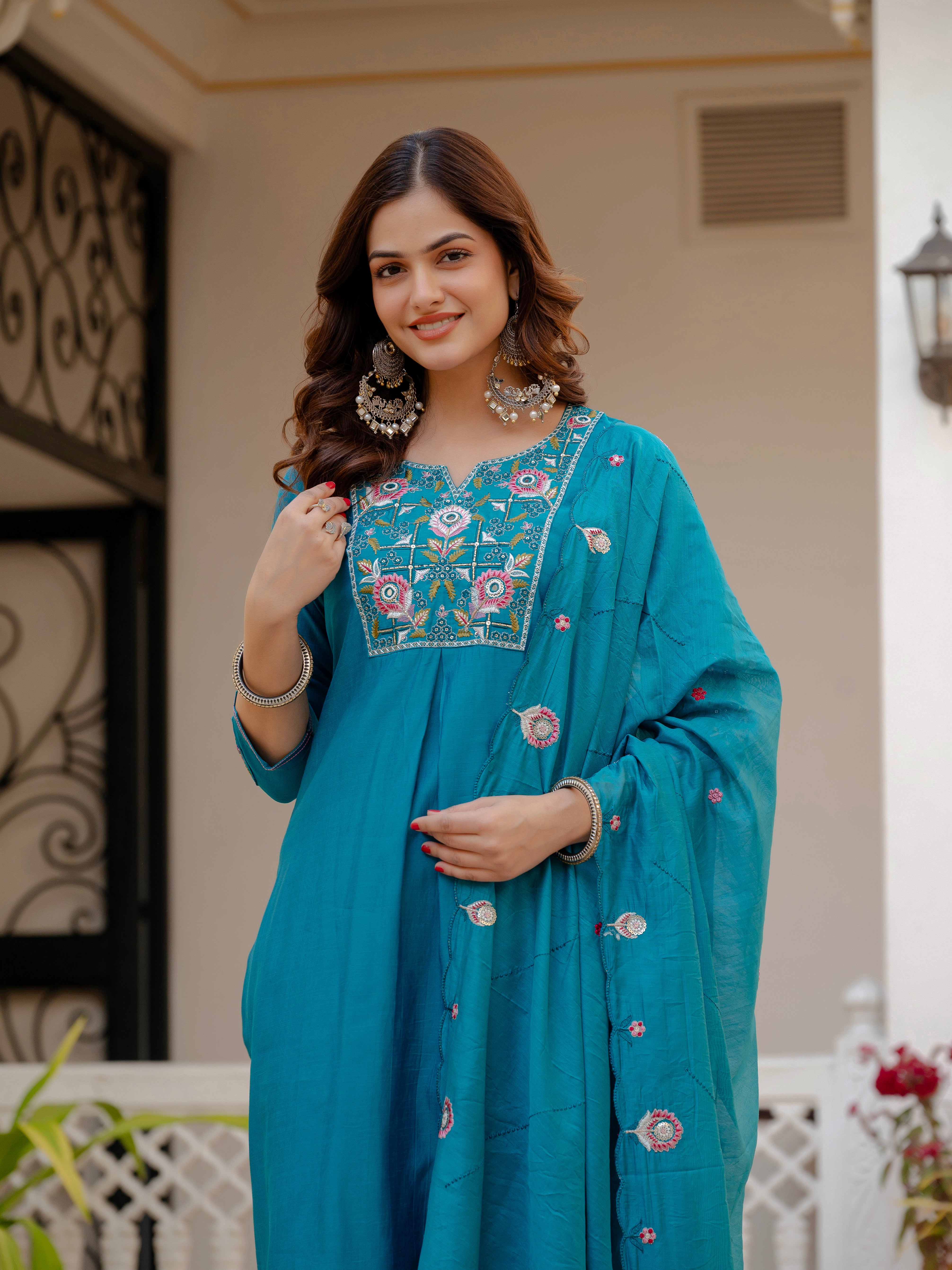 Pure Viscose Mango Silk Embroidered Straight Kurti Set – Firozi