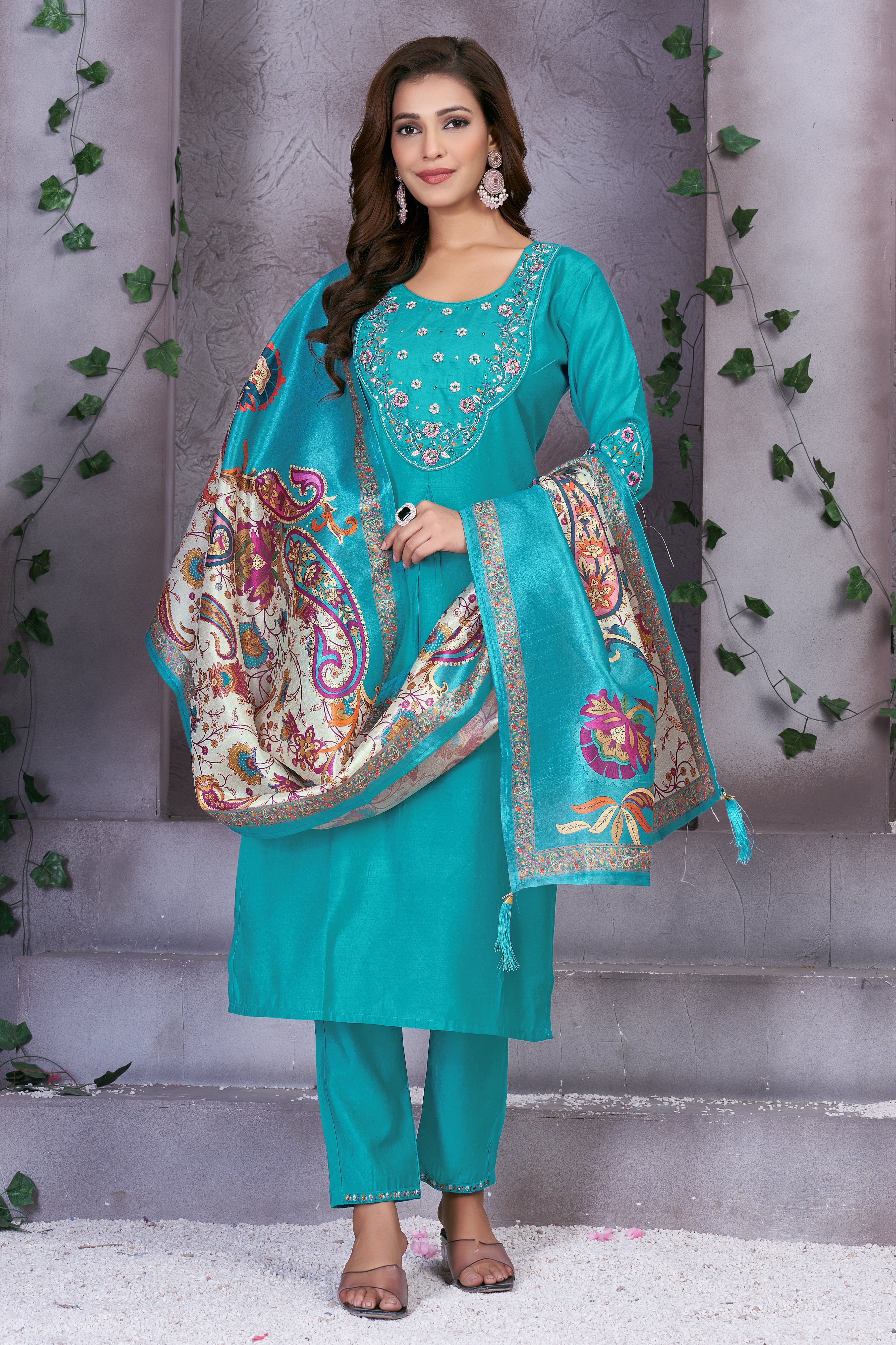 Premium Marina Silk Embroidered Straight Kurti Set – See Green