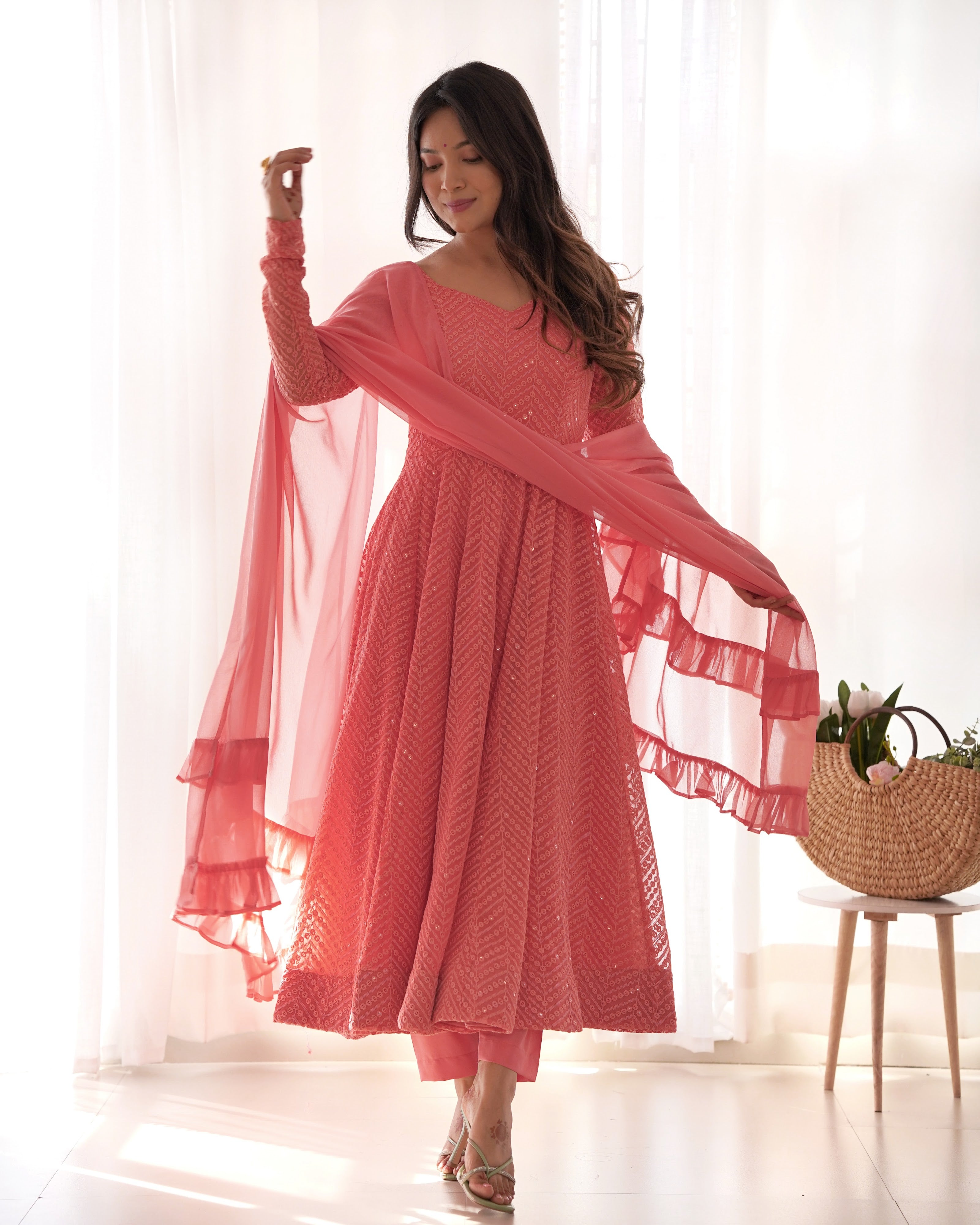 Georgette Embroidered Anarkali Set – Peach