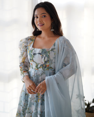 Organza Silk Printed Anarkali Set – Powder Blue Floral