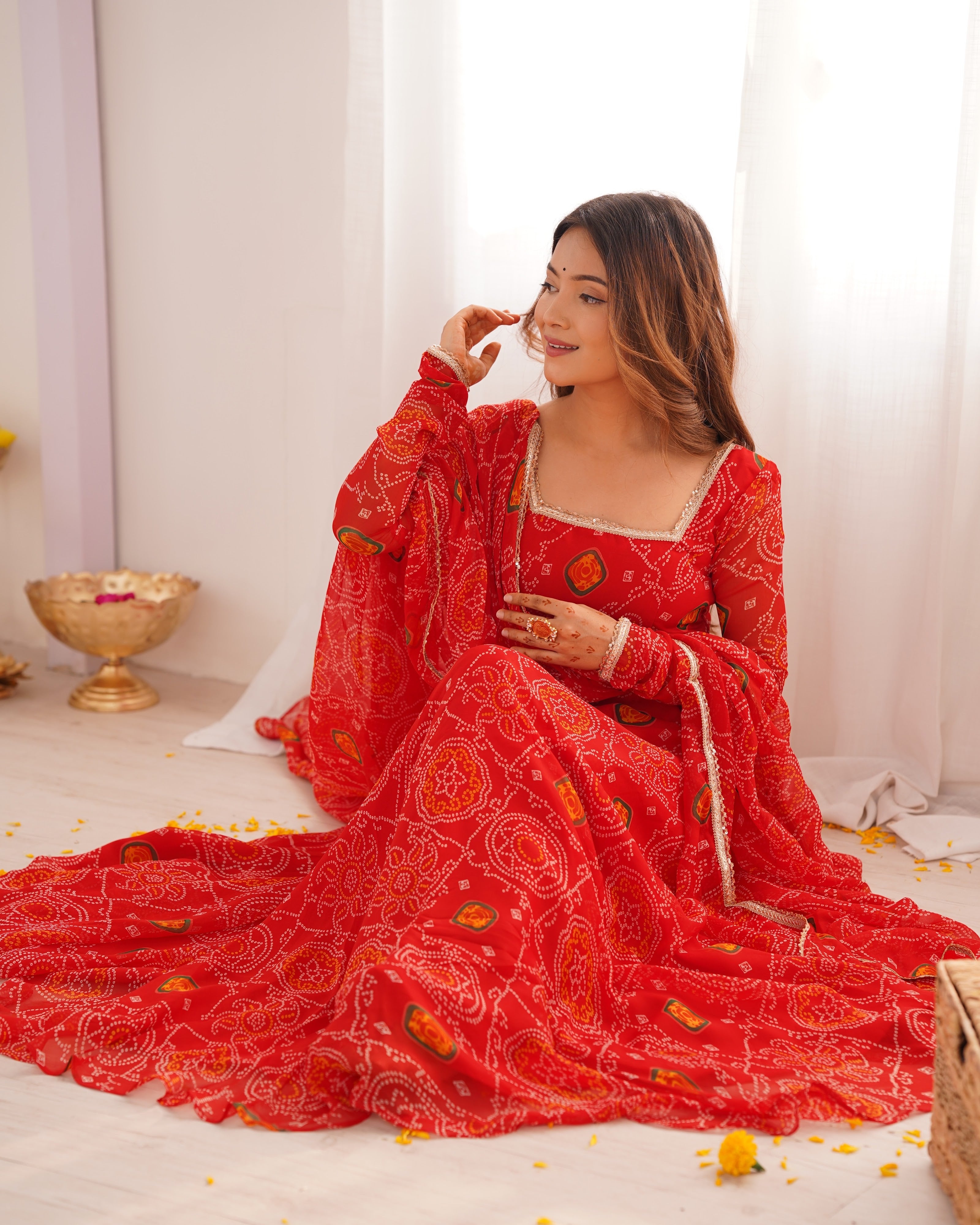 Soft Lightweight Chiffon Bandhej Fabric Inner Micro Cotton Embroidered Anarkali Set – Orange