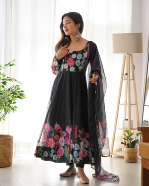 Organza Silk Printed Anarkali Set – Black