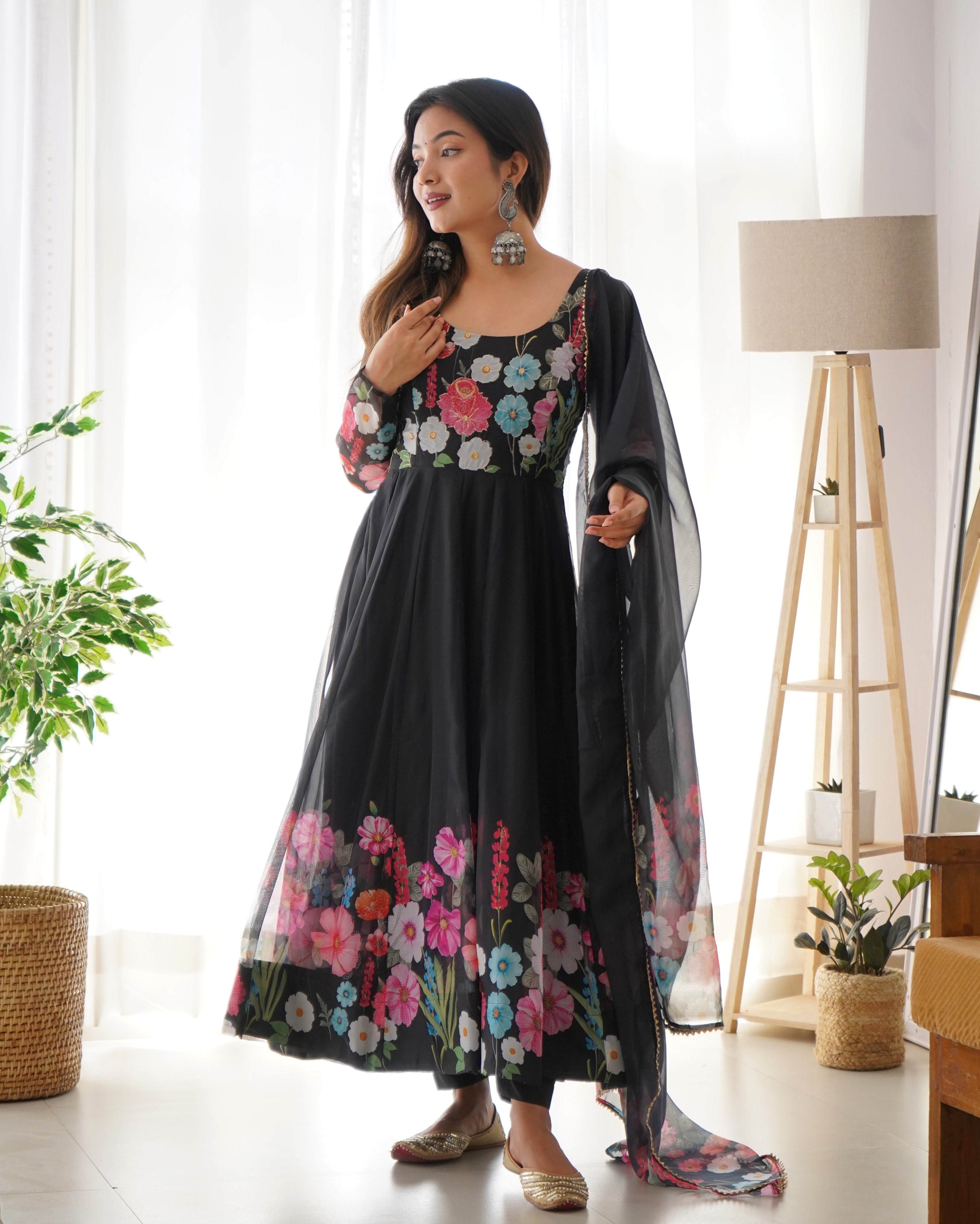 Organza Silk Printed Anarkali Set – Black